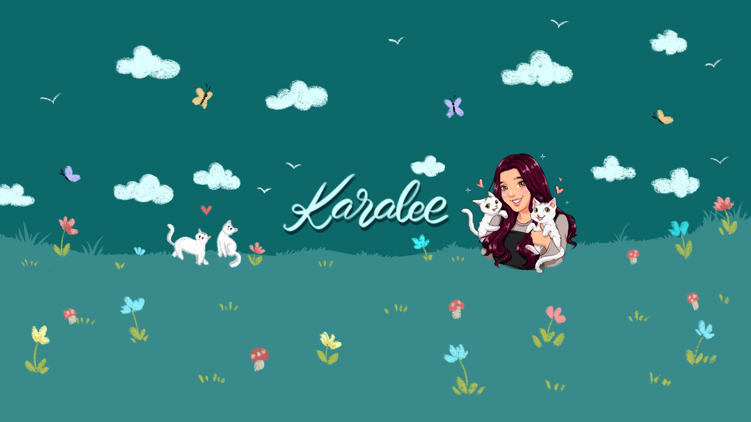The $30 YouTube banner I ordered from Doca Vestalia. The banner has a portrait of myself and my cats with a field of flowers in the background.