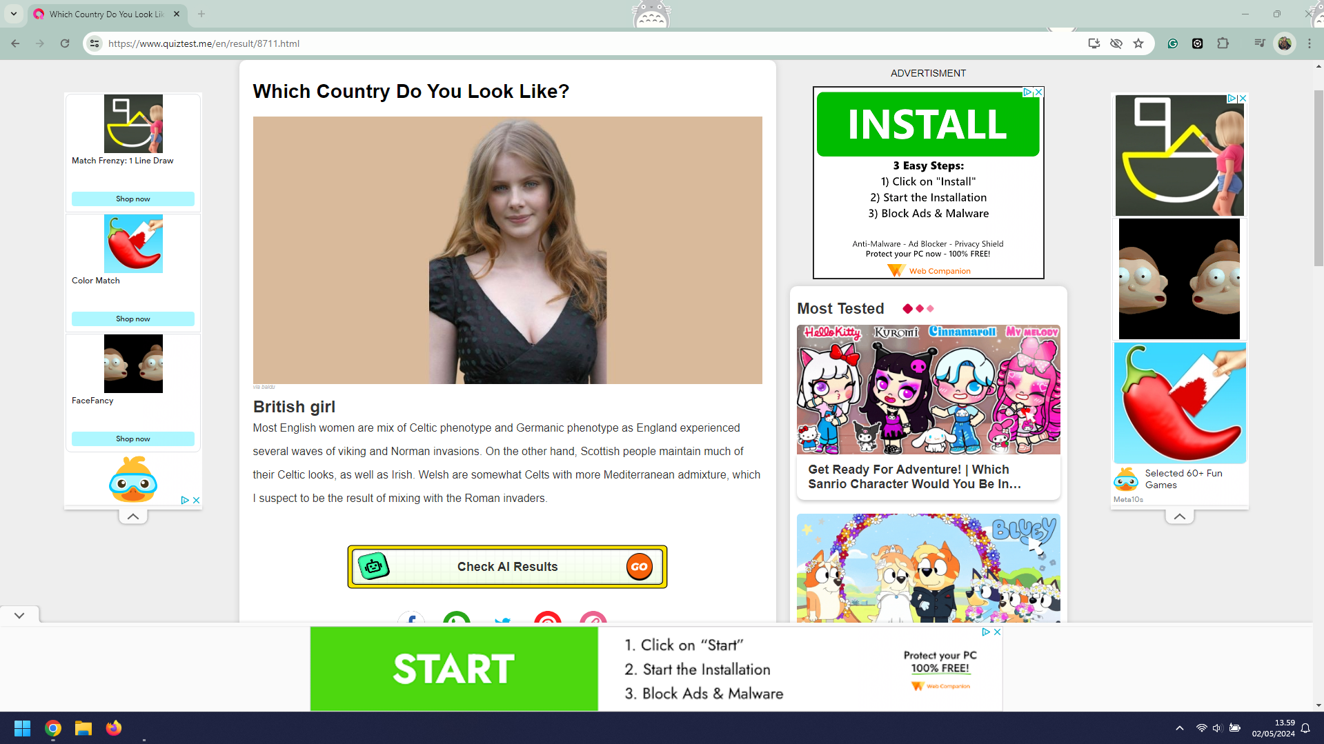 The results from 'Which Country Do You Look Like?' on QuizTest that said I look like a British girl. The website also has numerous ads in the banners. QuizTest is one of the quiz websites that I have seen ads for on YouTube.