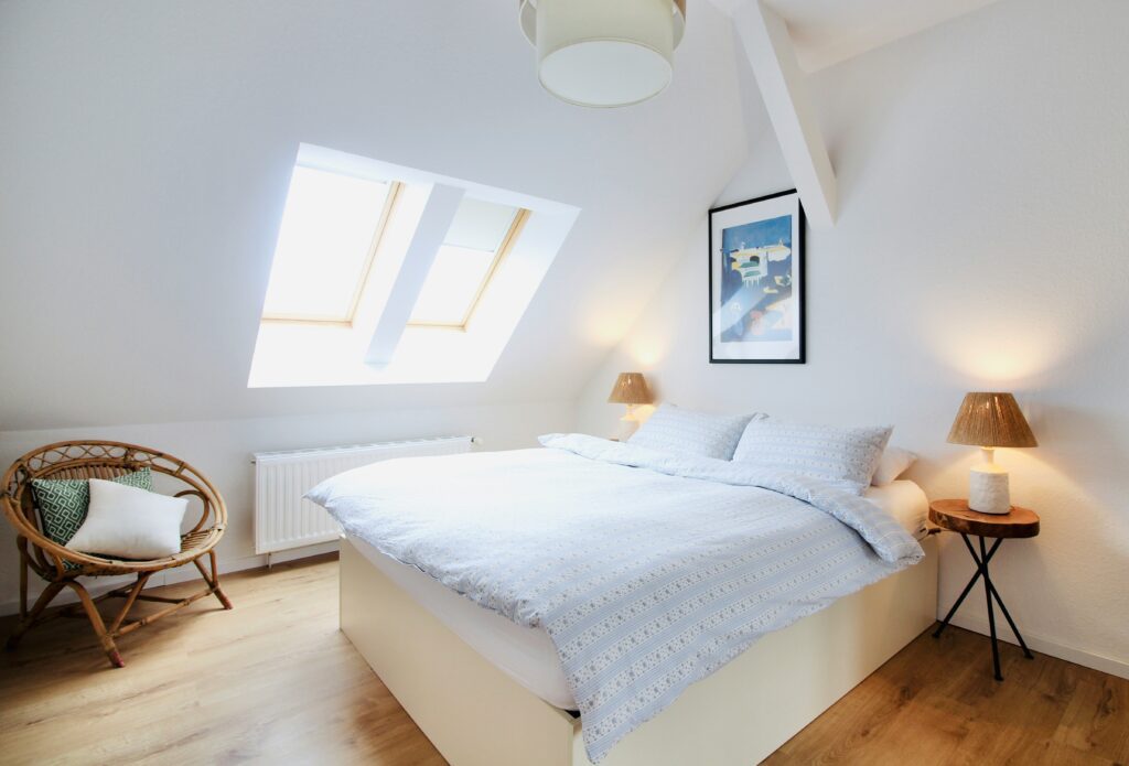 A skylight in an upstairs bedroom
