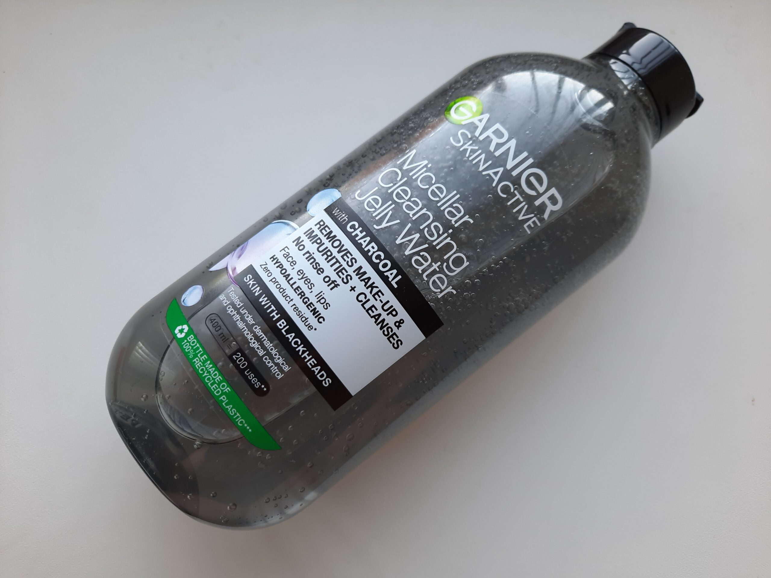 The bottle of the Garnier Micellar Cleansing Jelly Water with Charcoal