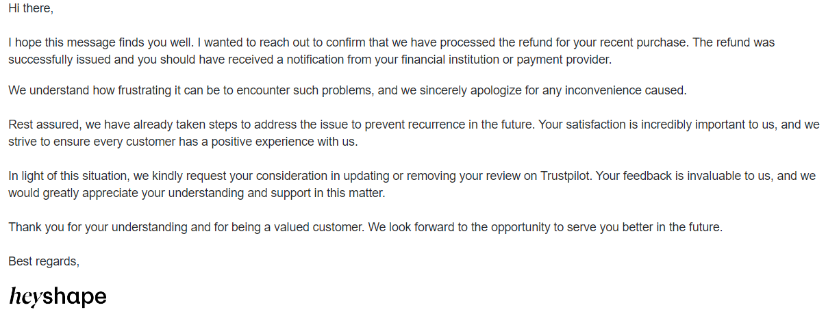 The email I received on July 1st from HeyShape asking me to update or remove my Trustpilot review because they refunded my purchase
