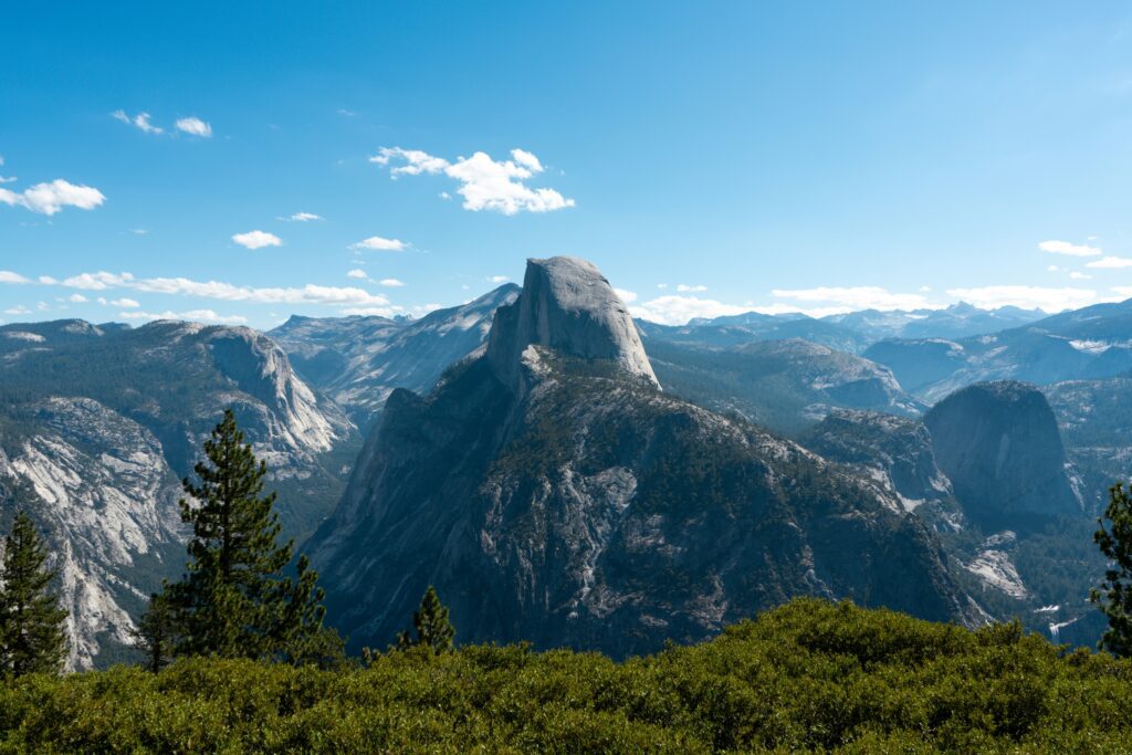 The view of Half Dome in Yosemite National Park in California.