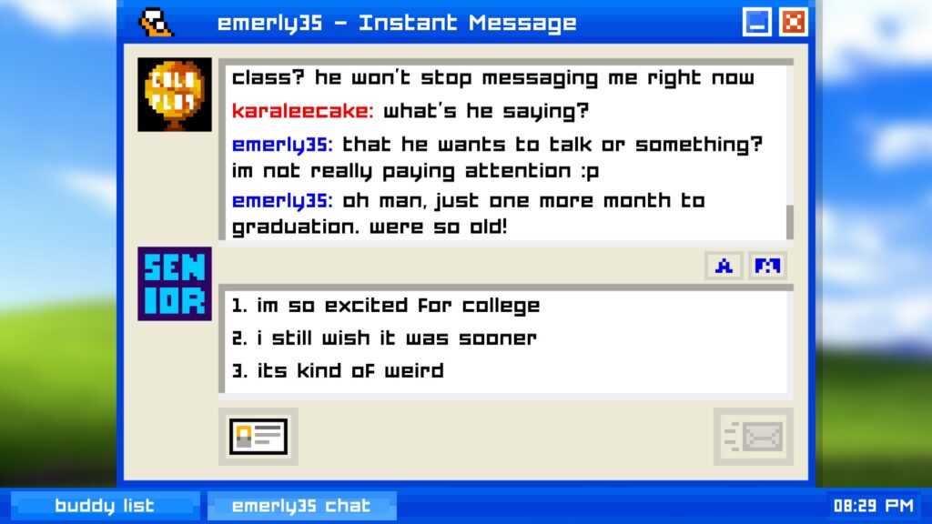 A screenshot from Emily is Away where I am talking to Emily in instant message and I have 3 dialogue choices to choose from