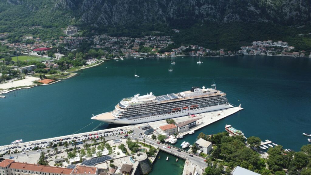 A cruise ship docked at the harbor in
Kotor, Montenegro