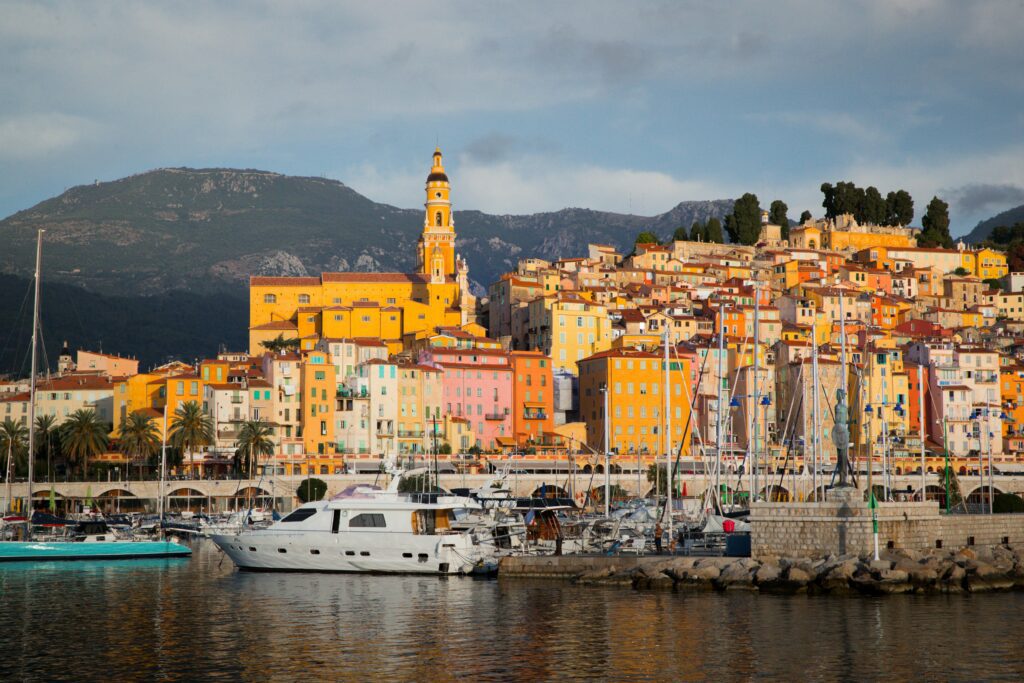 A view of the colorful buildings of Menton, Franch