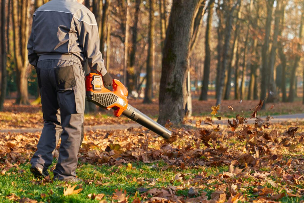 A man using a handheld leaf blower to move fallen leaves