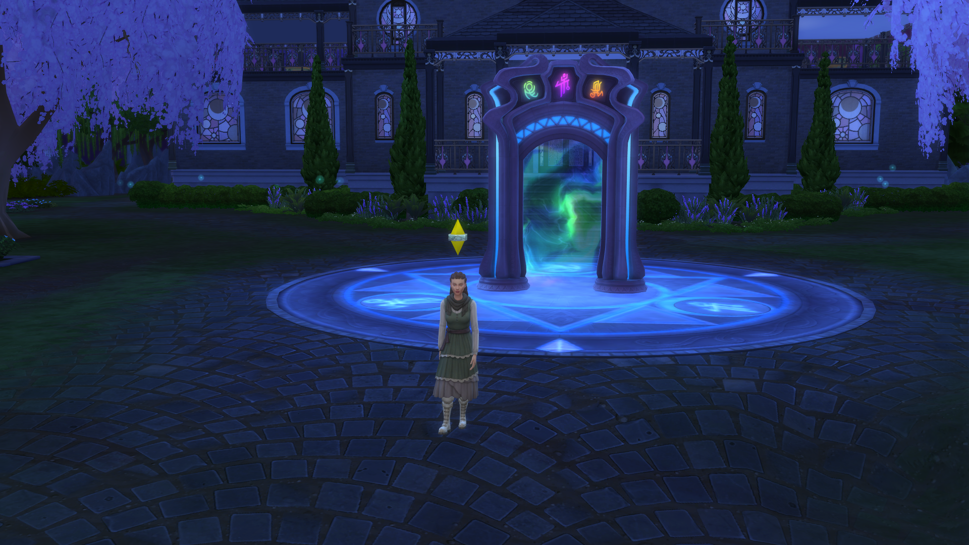 A Spellcaster sim in front of the portal in The Magic Realm.