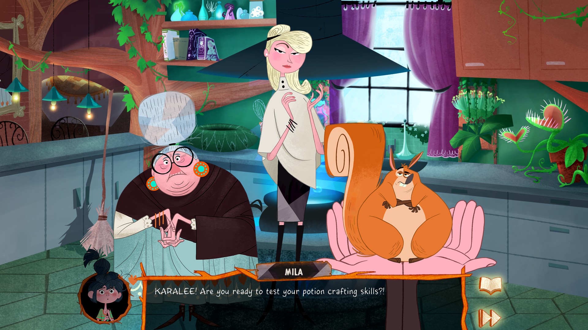 A screenshot of Camp W where the main character is holding Nugget the squirrel and talking to their mom and grandma. The mom Mila is asking the character "Are you ready to test your potion crafting skills?"