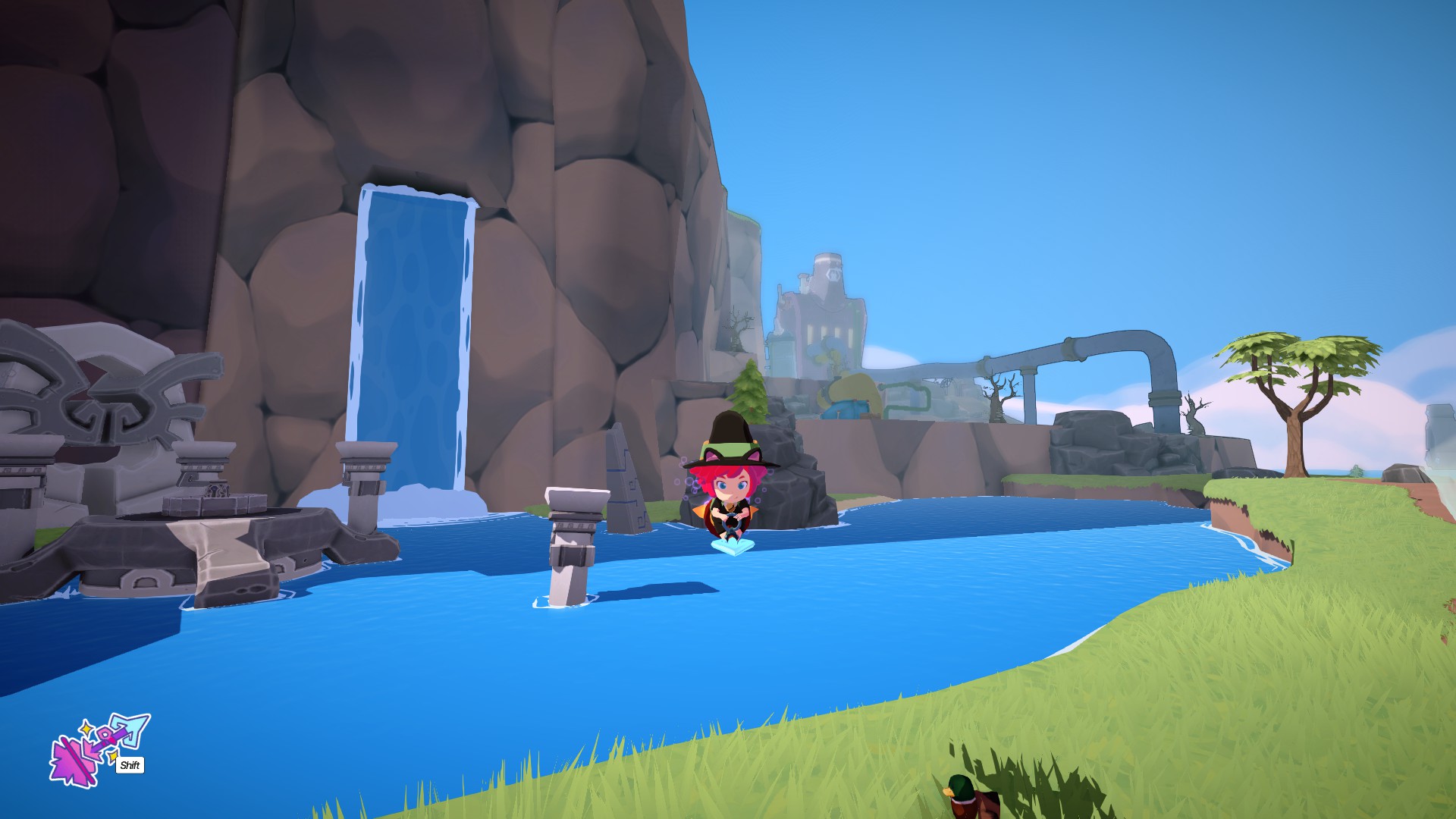 A screenshot from Mika and the Witch's Mountain which shows Mika flying on a broom above a pond. Mika is wearing a black witch hat with cat ears and a black dress and has red hair.