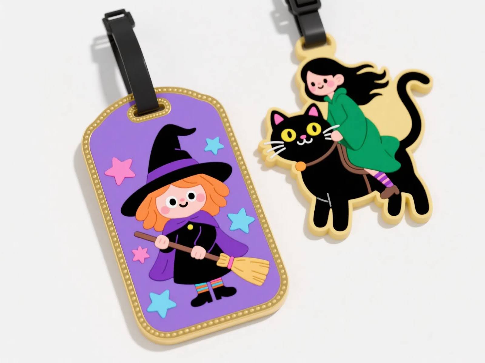Personalized luggage tags of a witch wearing a black dress, black hat, and purple cape and holding a broom next to another luggage tag of a girl in a green dress riding a black cat