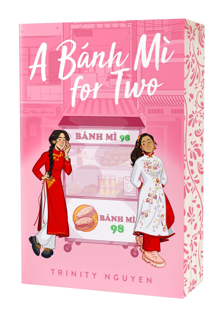 The cover of A Bánh Mì for Two that shows illustrations of Vivi and Lan in front of the Bánh Mì 98 food stall.