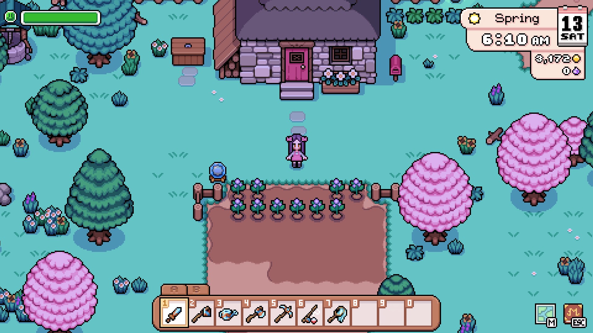 A screenshot from Fields of Mistria of my farm