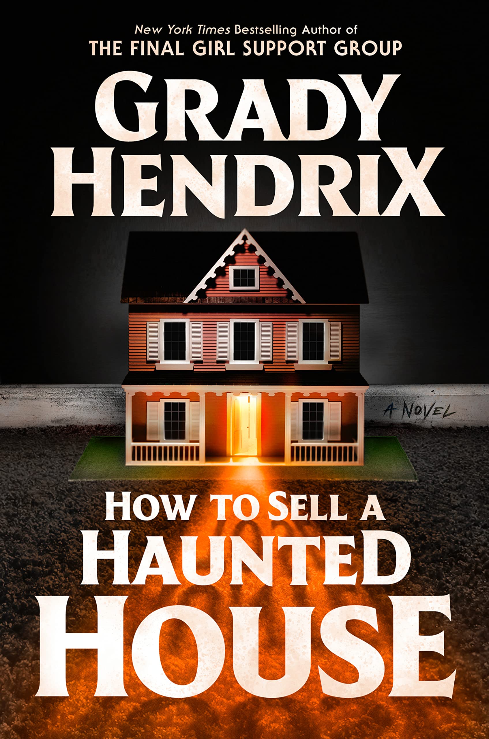 The cover of How to Sell a Haunted House that shows a two-story red house with white window shutters. The front door is opened and light is shining in the doorway.