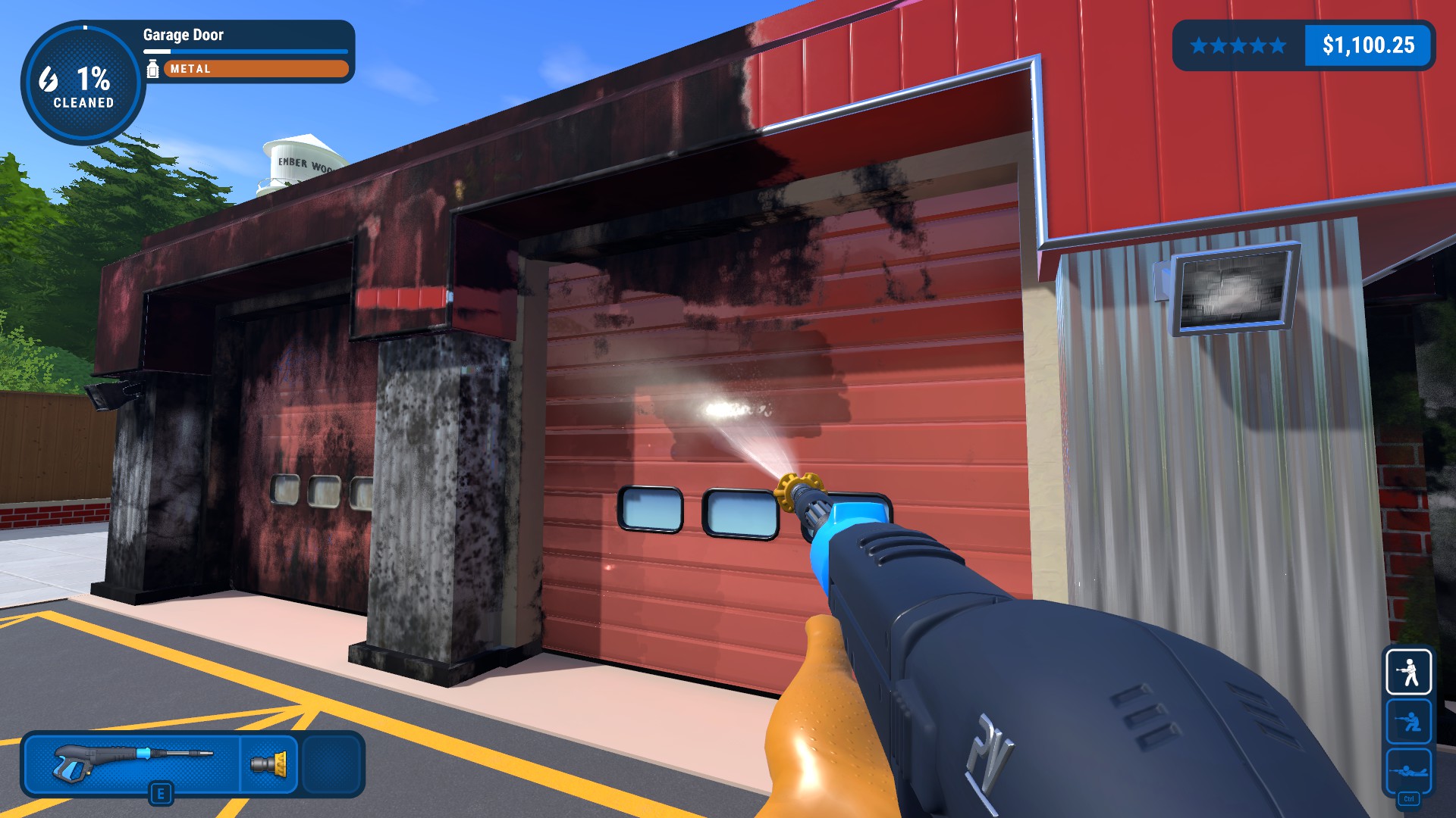 A screenshot of PowerWash Simulator and cleaning the doors of the fire station.