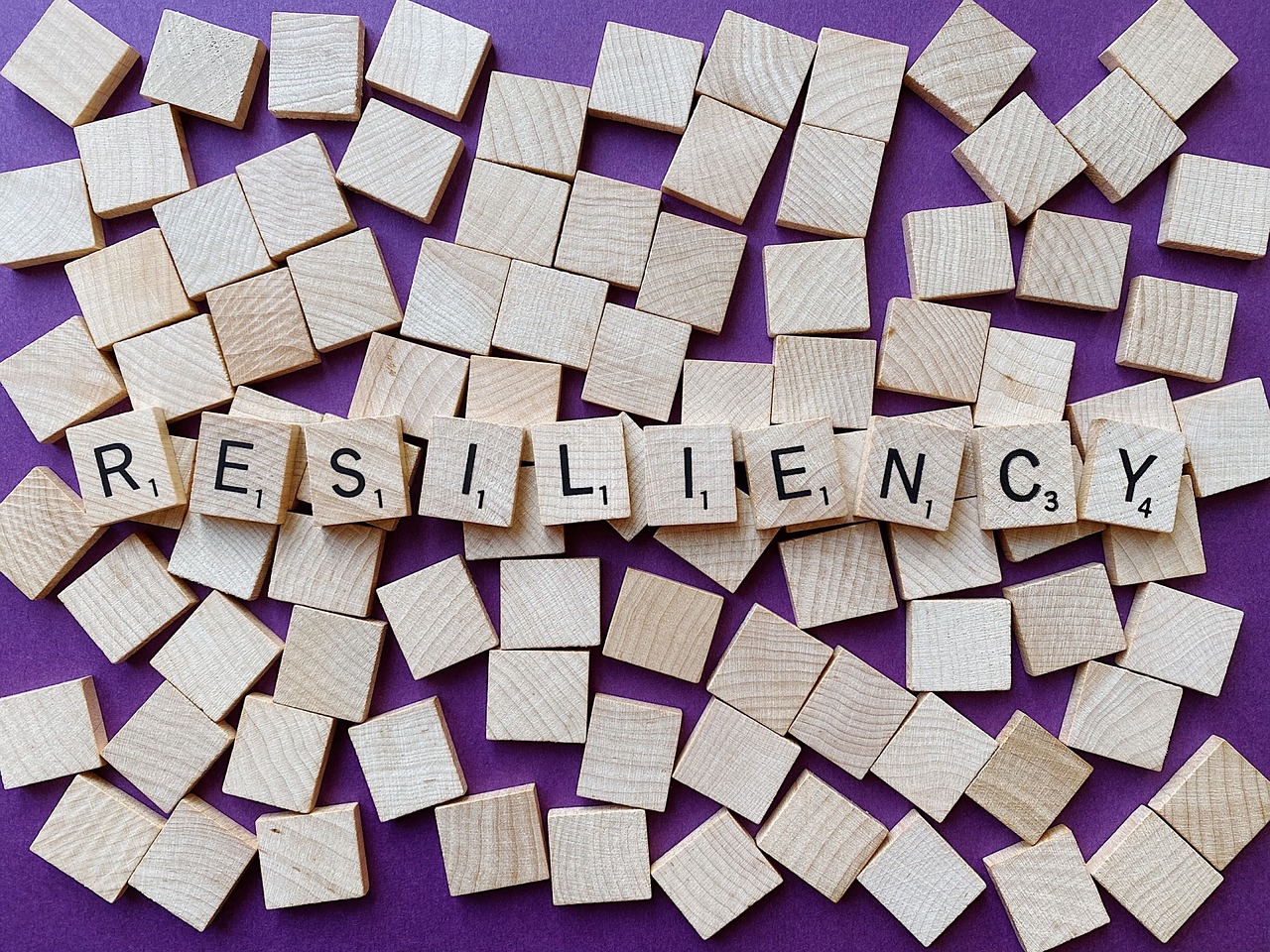 Resiliency spelled out in word tiles on top of a purple background