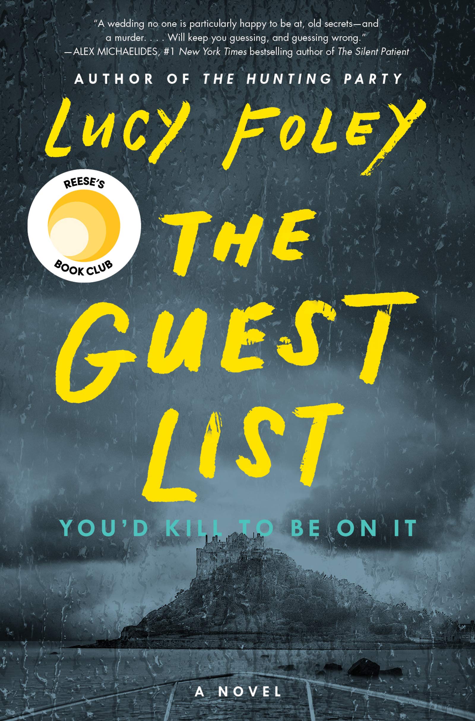The cover of The Guest List that shows a black and white picture of an island in the distance during the rain.