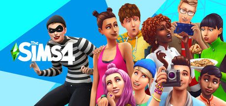 The header for The Sims 4 which shows various characters in the game including the robber
