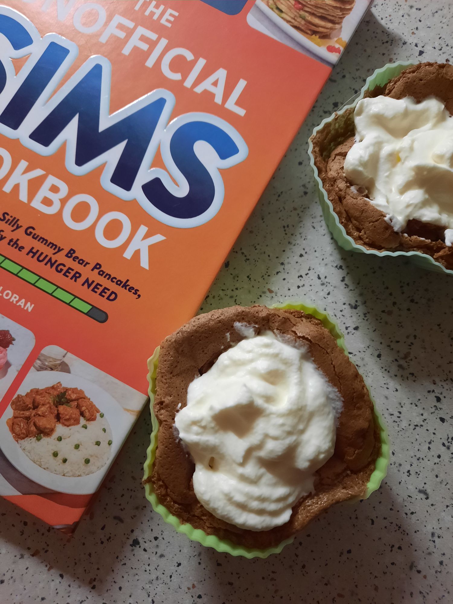 The baked chocolate mousse I made based on the recipe from The Unofficial Sims Cookbook. The mousse is topped with whipped cream