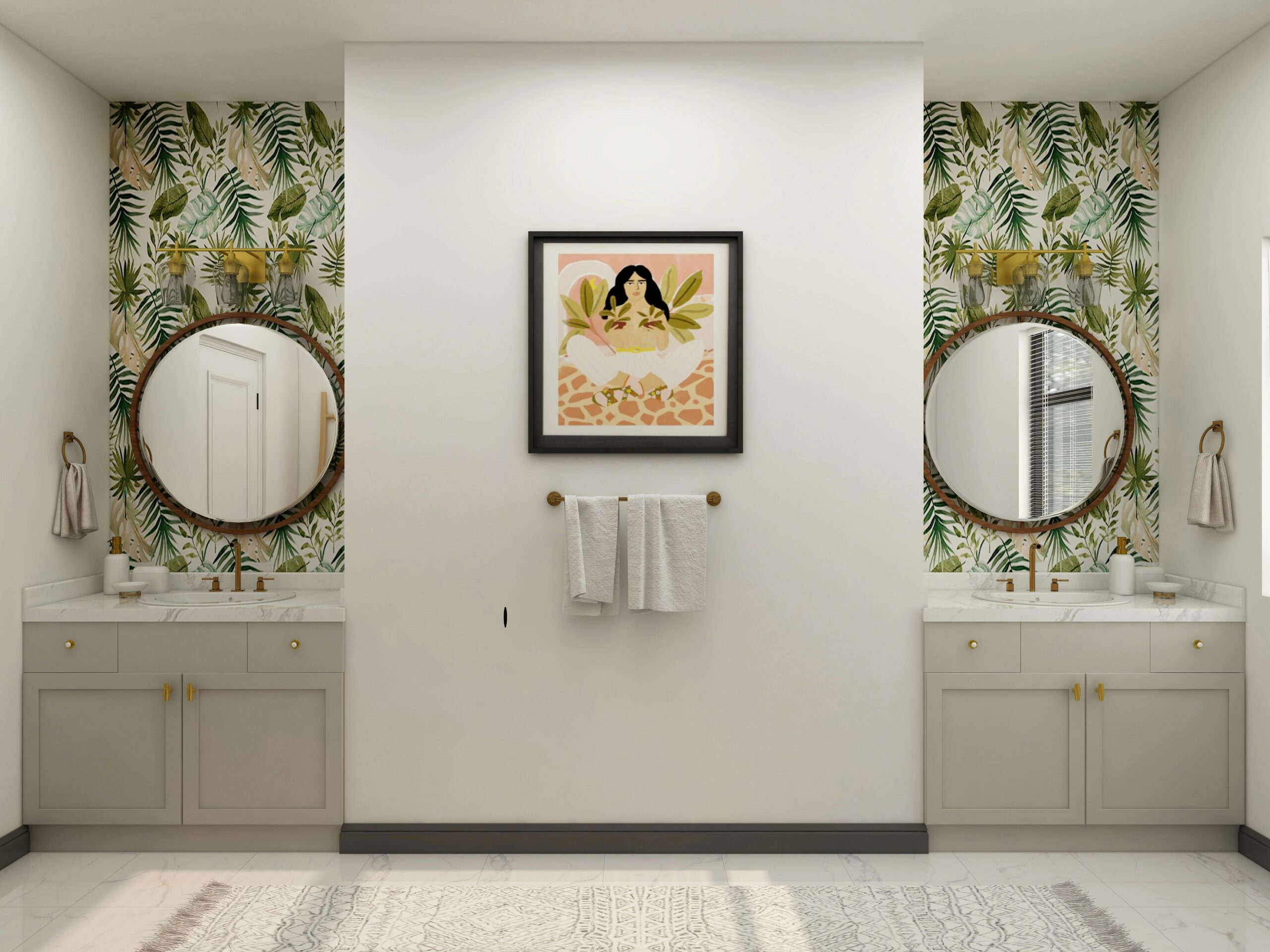 Two bathroom sinks with a jungle-themed wallpaper behind them