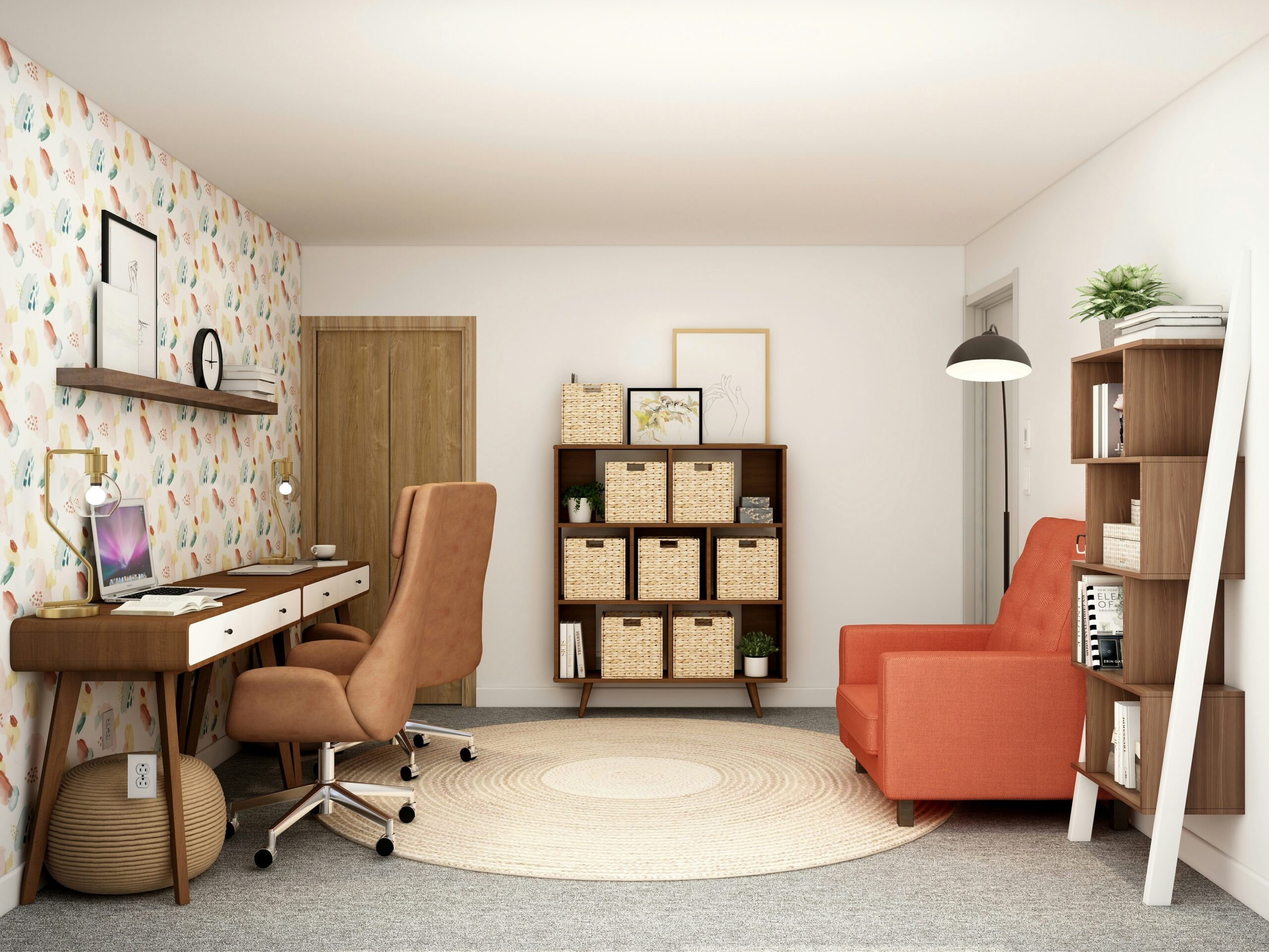 An office with a patterned wallpaper behind the desk