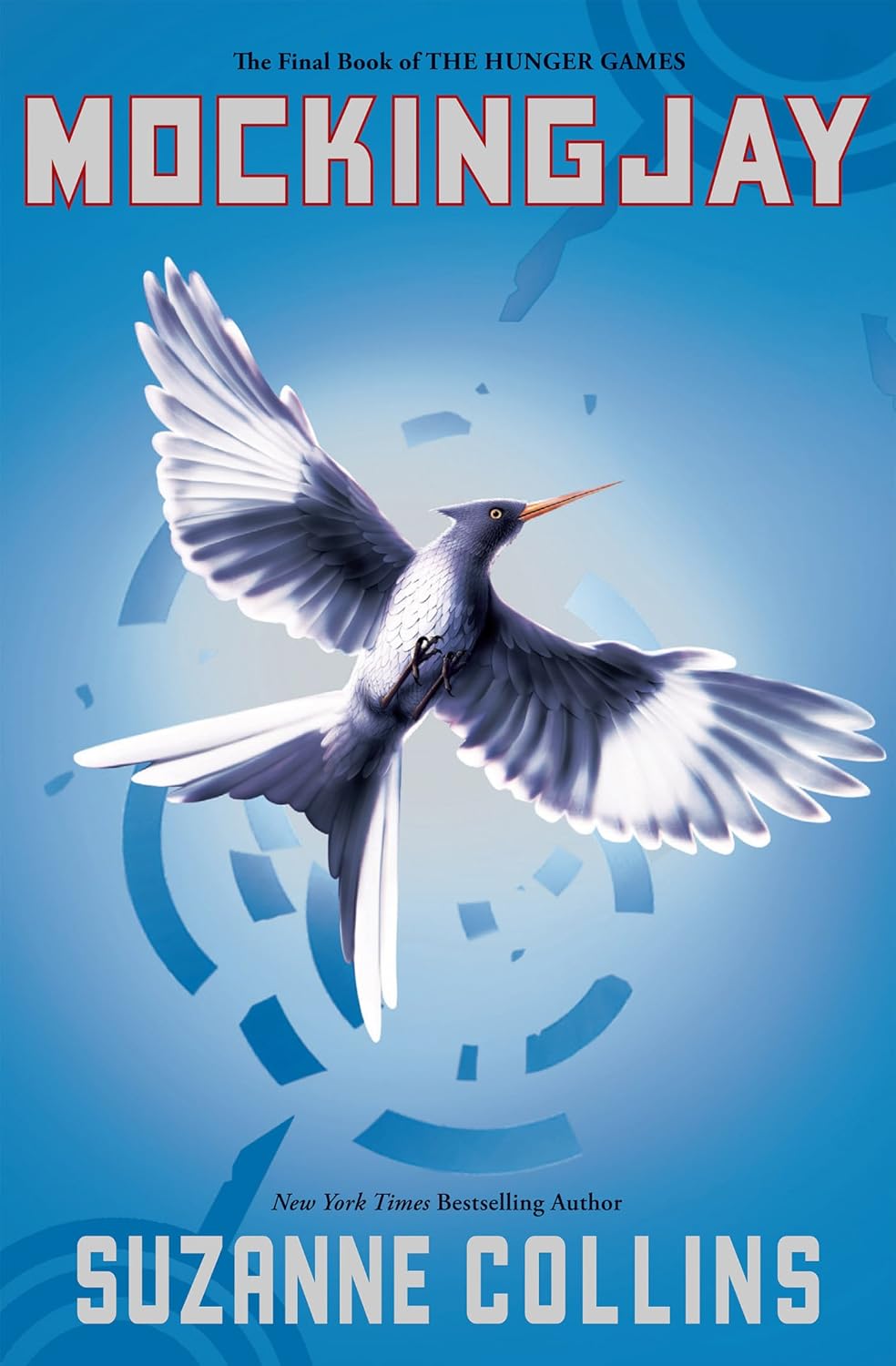 The cover of Mockingjay with a blue background and a mockingjay bird
