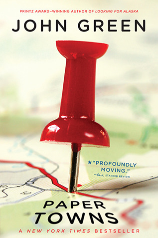 The cover of Paper Towns by John Green of a map that has a red pin stuck in it