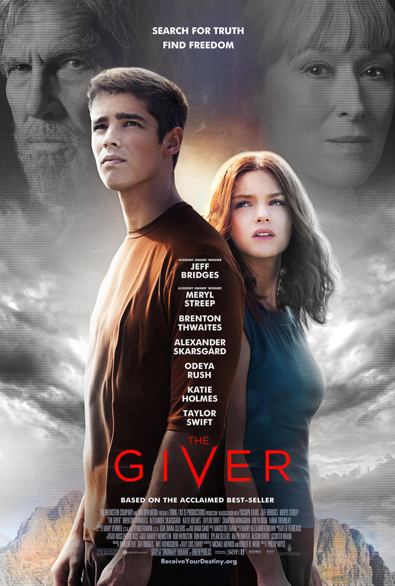 The movie poster for The Giver with Brenton Thwaites and Odeya Rush standing in the foreground with faces of Jeff Bridges and Meryl Streep in the background