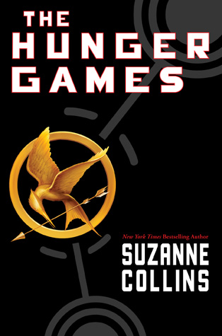 The cover of The Hunger Games by Suzanne Collins with a black background and a gold mockingjay pin
