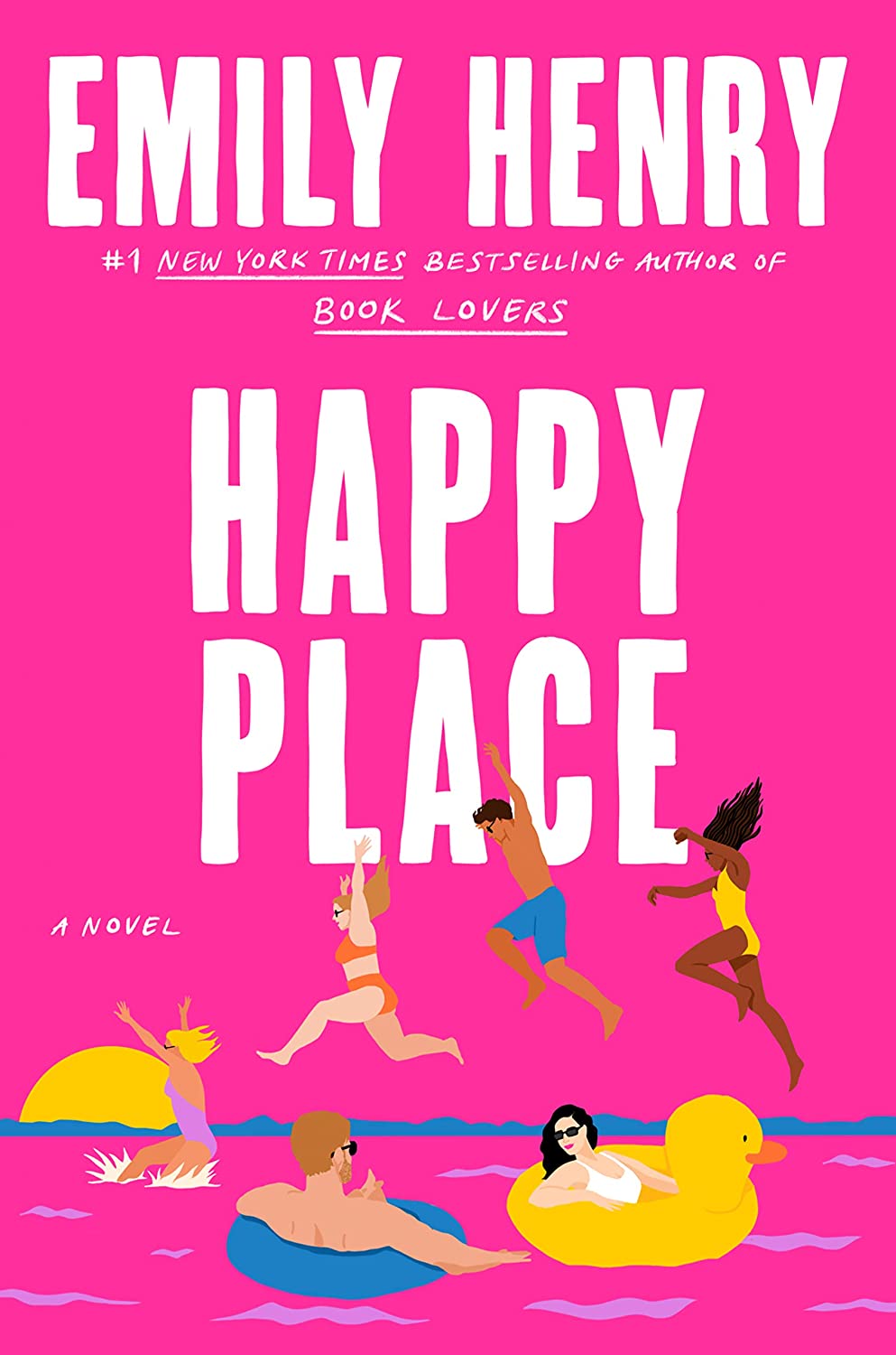 The cover of Happy Place with an illustration of the 4 friends jumping into the water while Harriet and Wyn are on floaties
