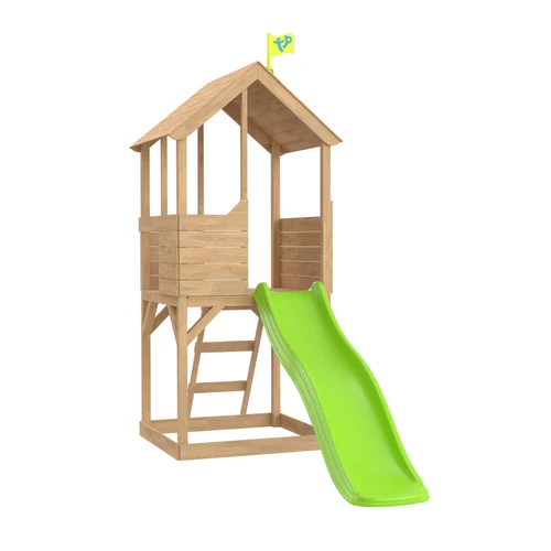 A small wooden playhouse with a green slide
