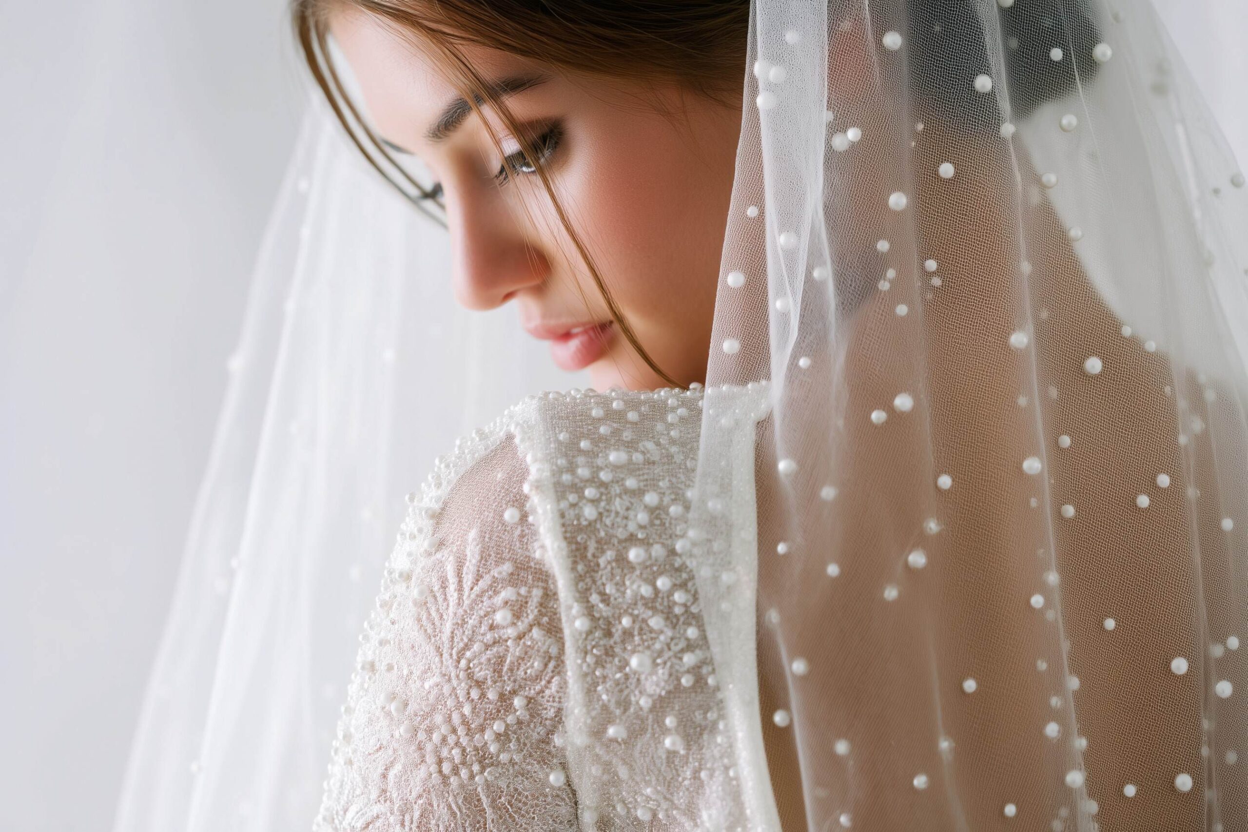 A closeup of a woman wearing a pearl veil and a wedding dress