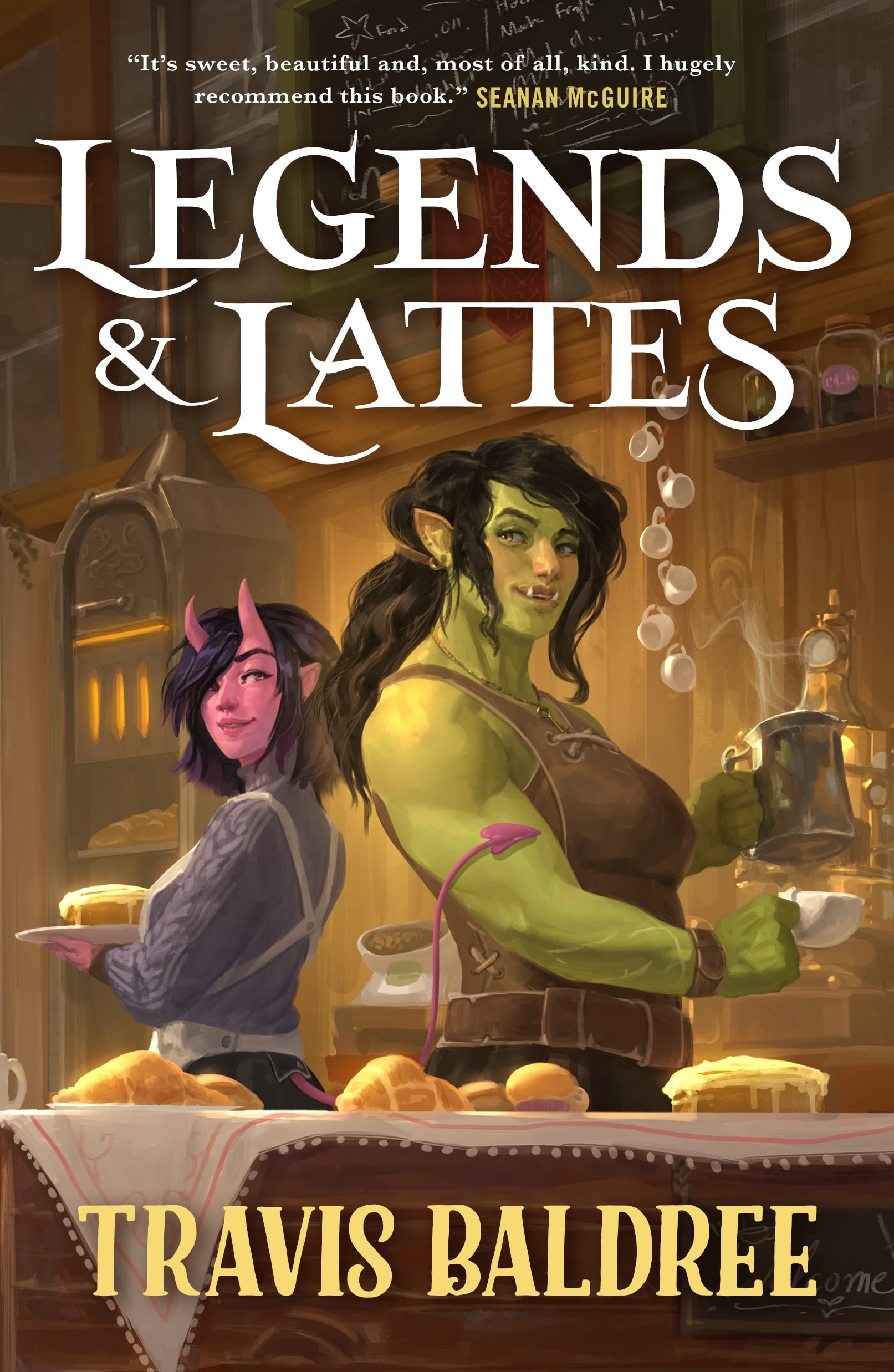 The cover of Legends & Lattes with an illustration of an orc standing next to a succubus in a coffee shop