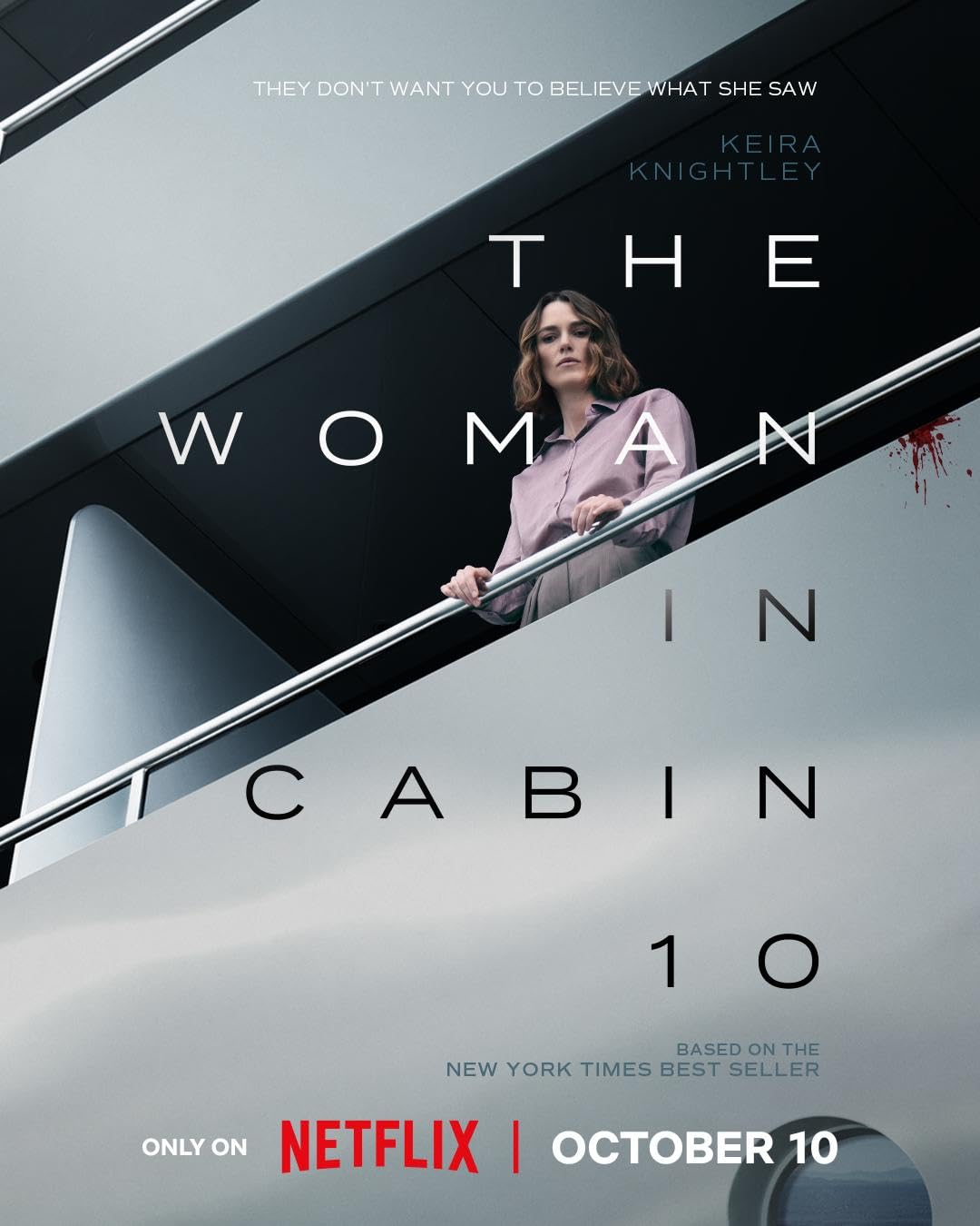 The movie poster of The Woman in Cabin 10 with Keira Knightley looking from a balcony on a yacht