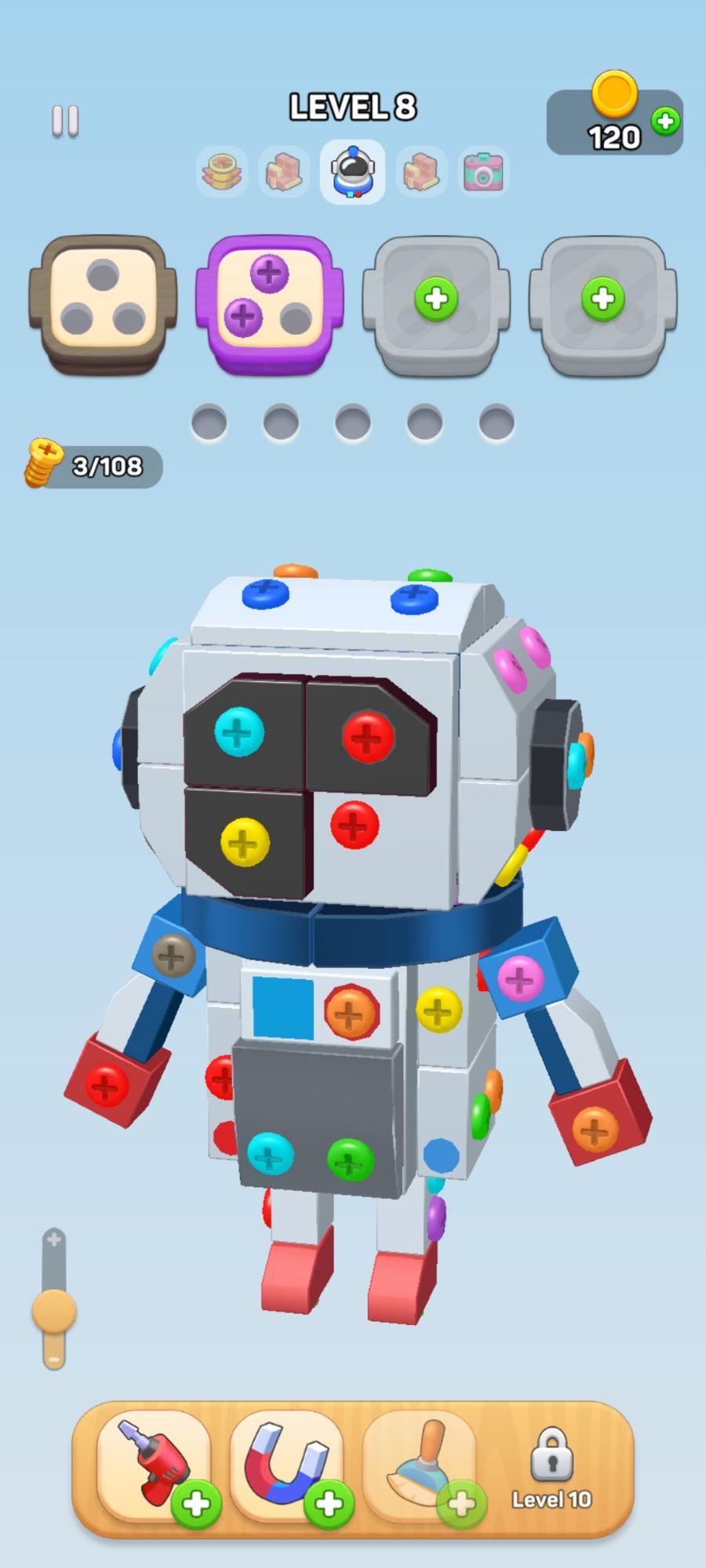 A screenshot from Screwdom 3D of a robot that needs grey and purple screws removed