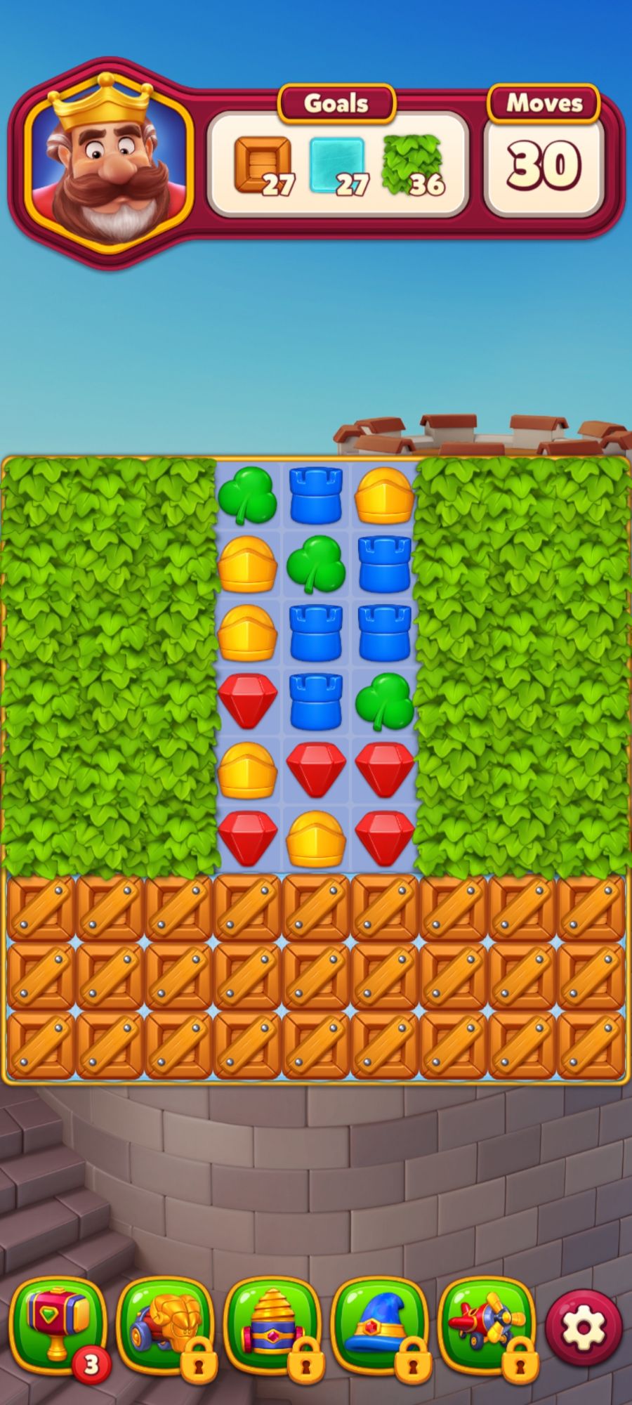 A screenshot from Royal Kingdom where you need to clear the leaves and boxes from the board