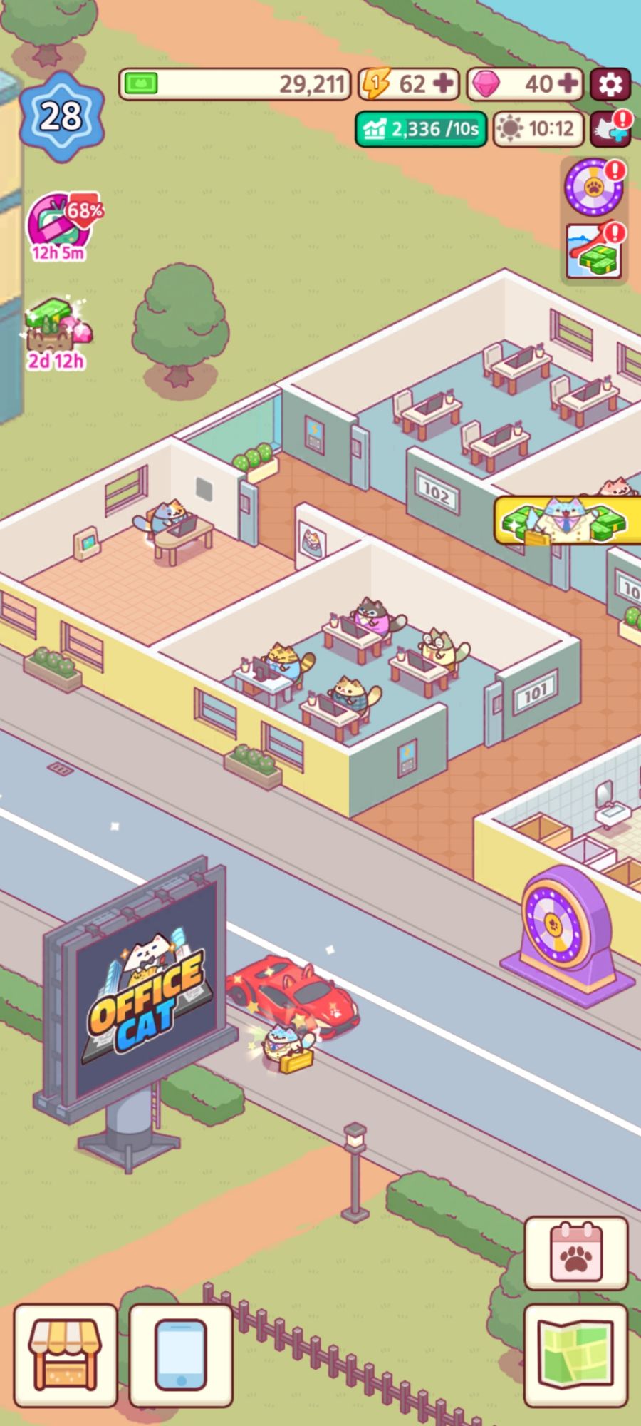 A screenshot of Office Cat and the office building to upgrade