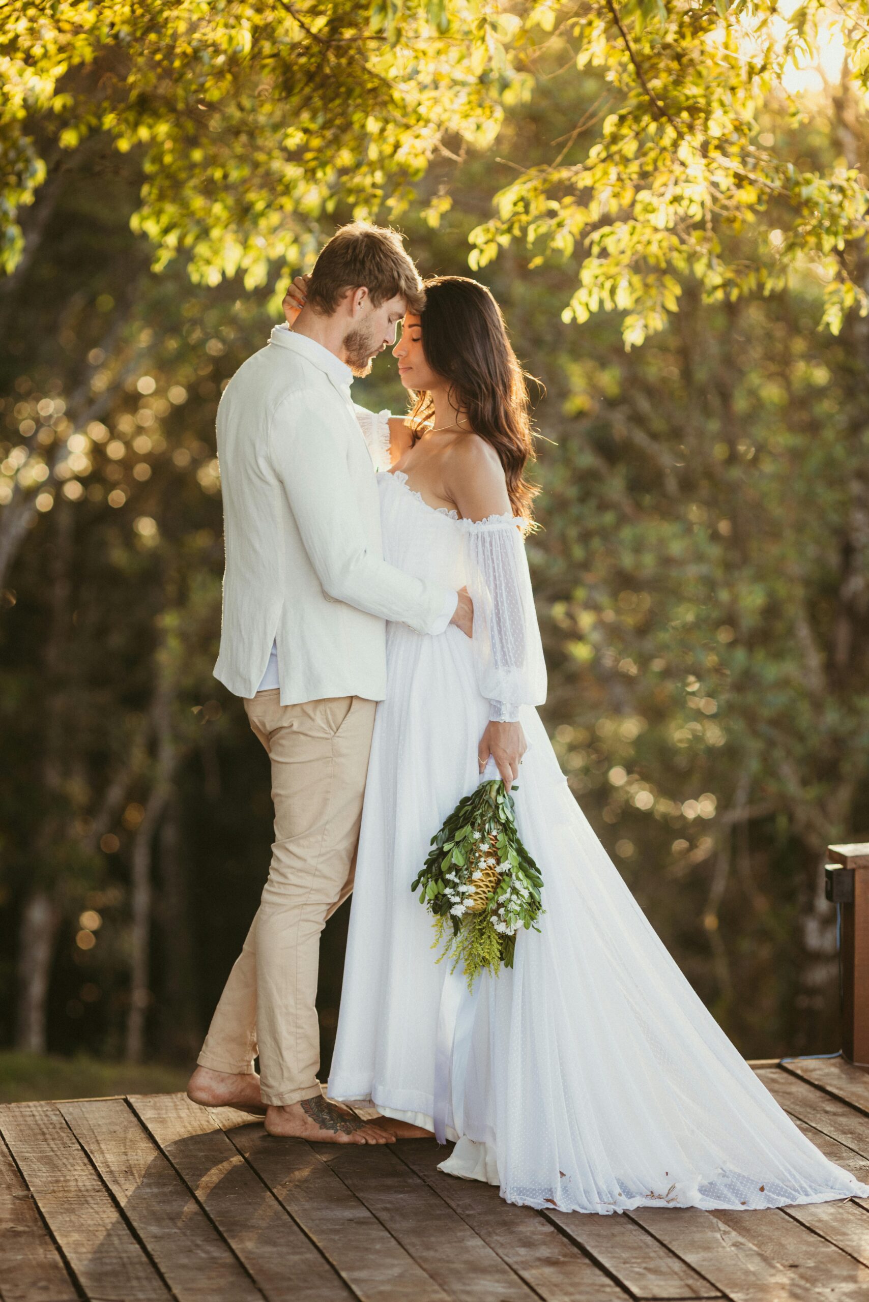 An outdoor wedding portrait of a couple