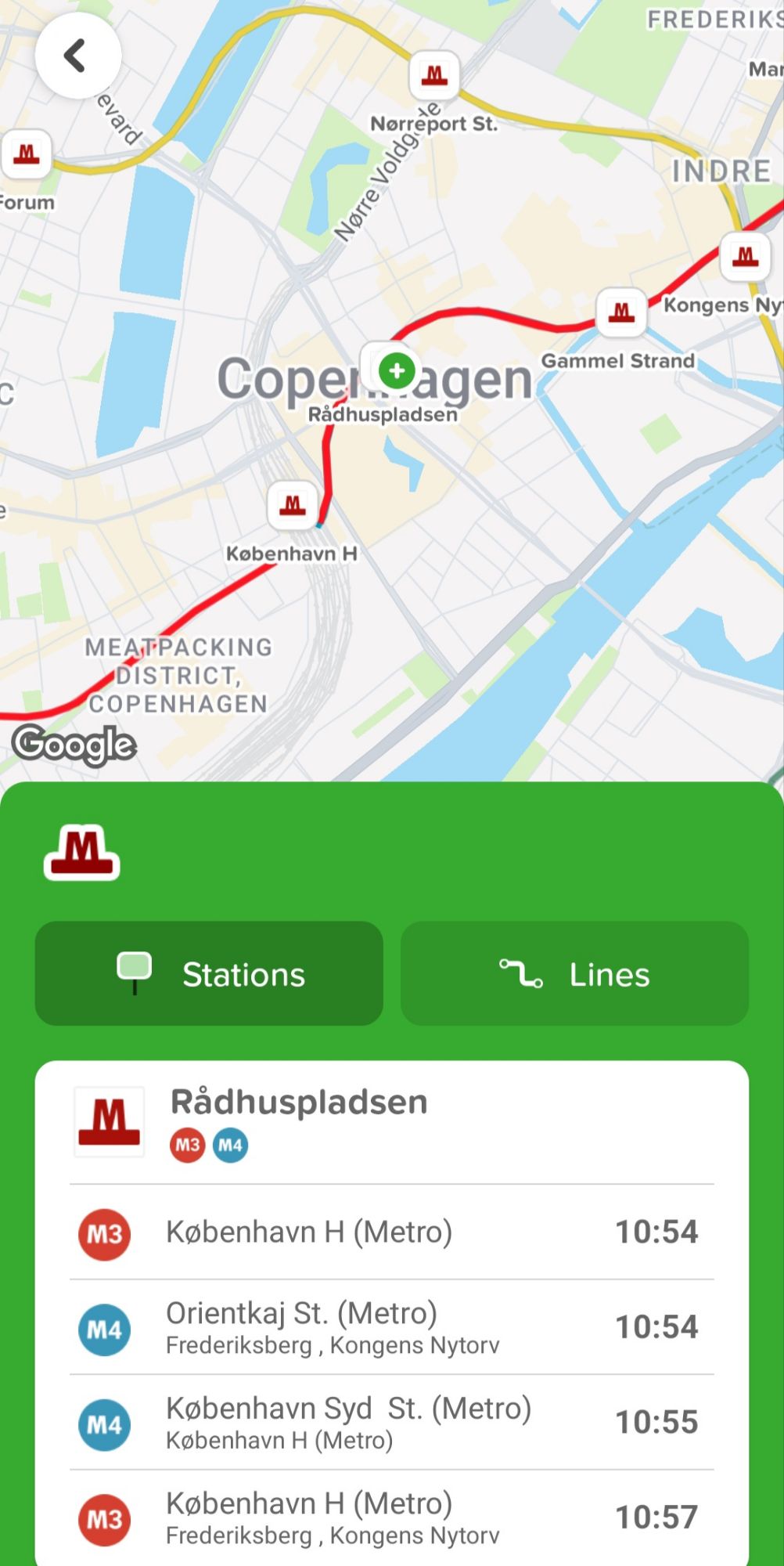 A screenshot from Citymapper of the metro stations and times in Copenhagen