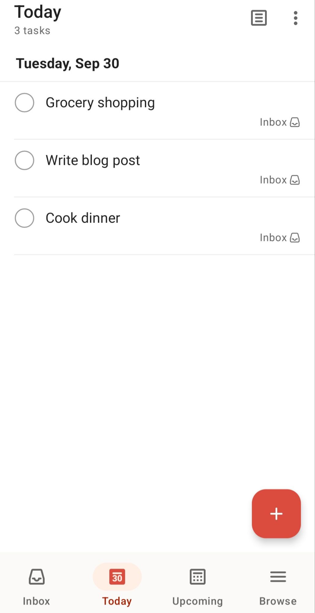 A screenshot from Todoist of tasks to go grocery shopping, write a blog post, and cook dinner