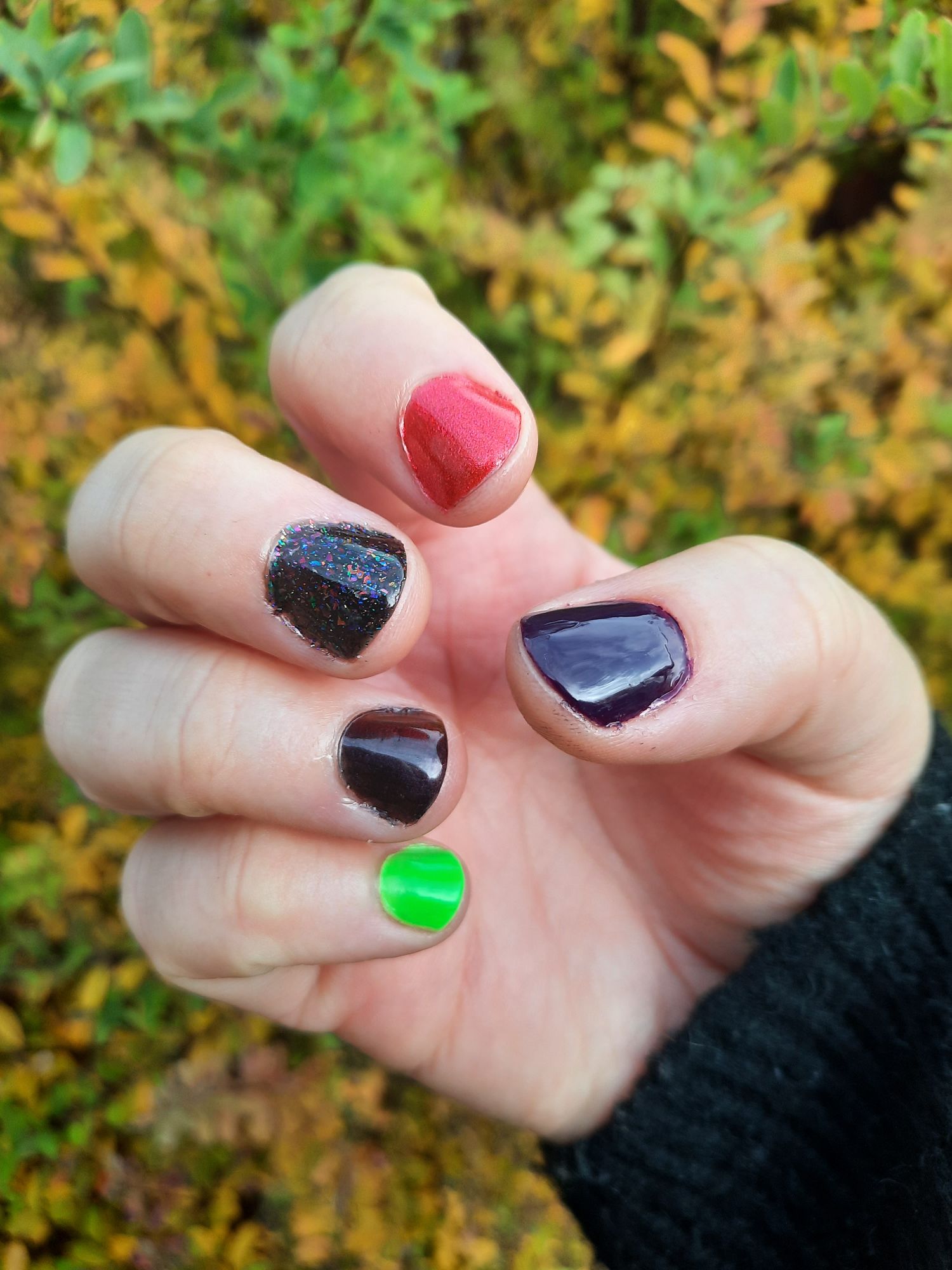 The Just Vamping, Thirst Trap, Trick or Trash, Dead Serious, and So Toxic nail polishes painted on my nails