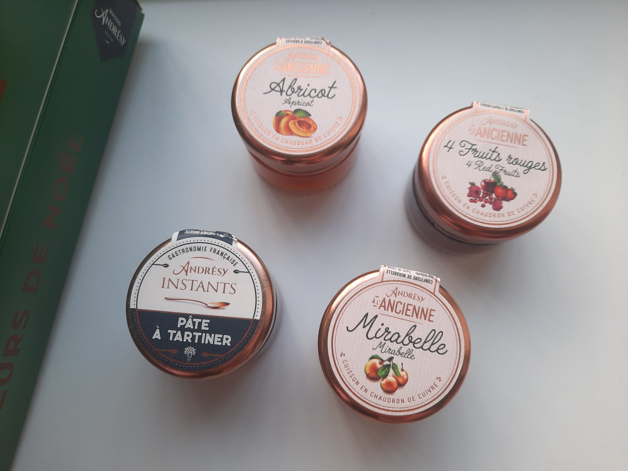 The apricot, 4 red fruits, and mirabelle jams and chocolate hazelnut spread from the Maison Andrésy Jams and Spread Advent Calendar