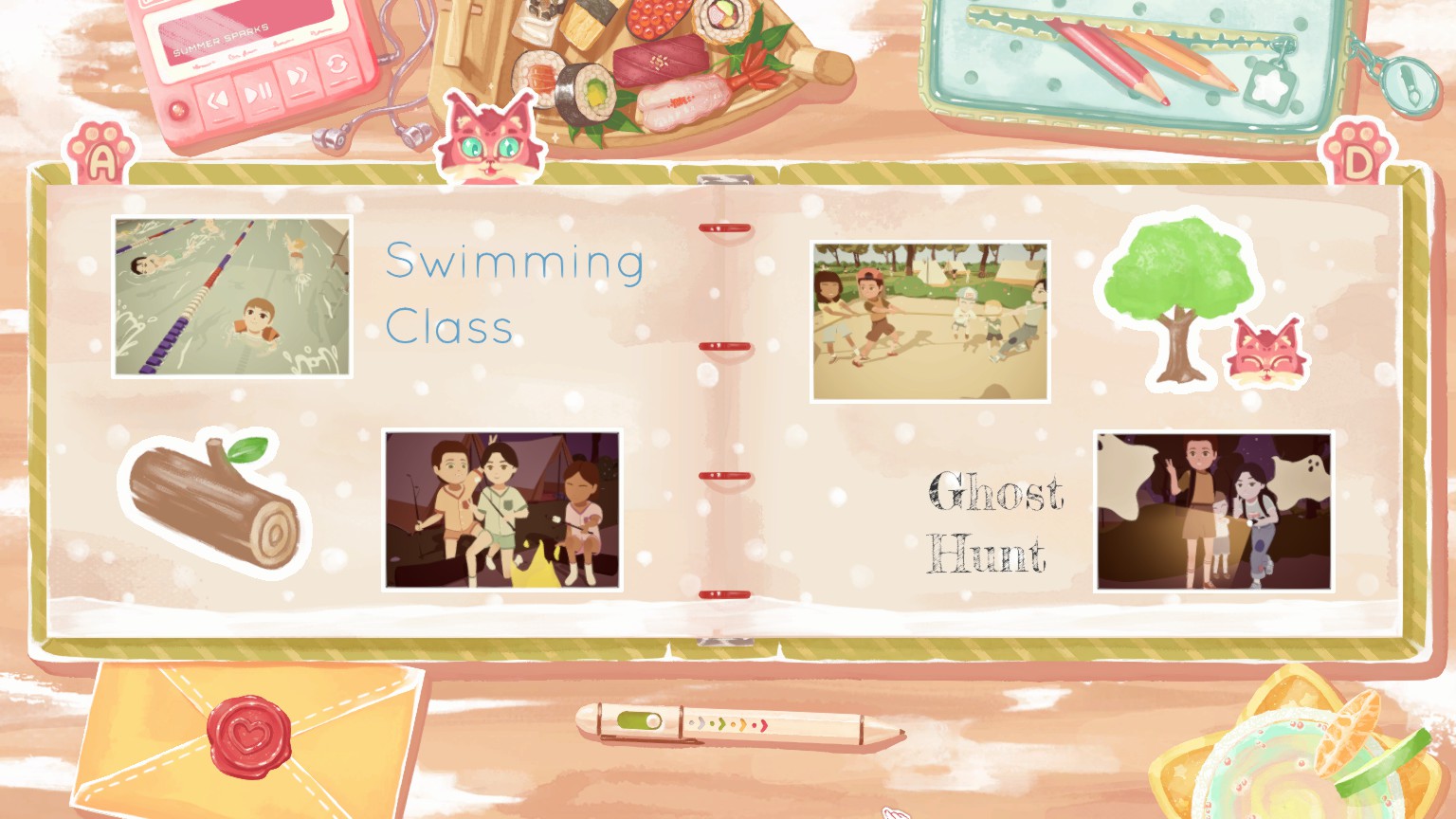 Scrapbook pages with photos of a swimming class and a ghost hunt in Instants