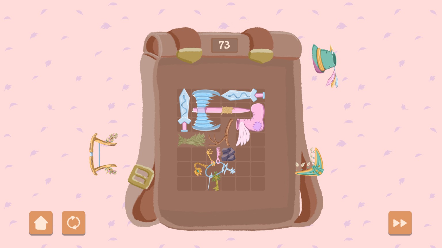 Level 73 in Tidy Backpack with various items being arranged in the backpack