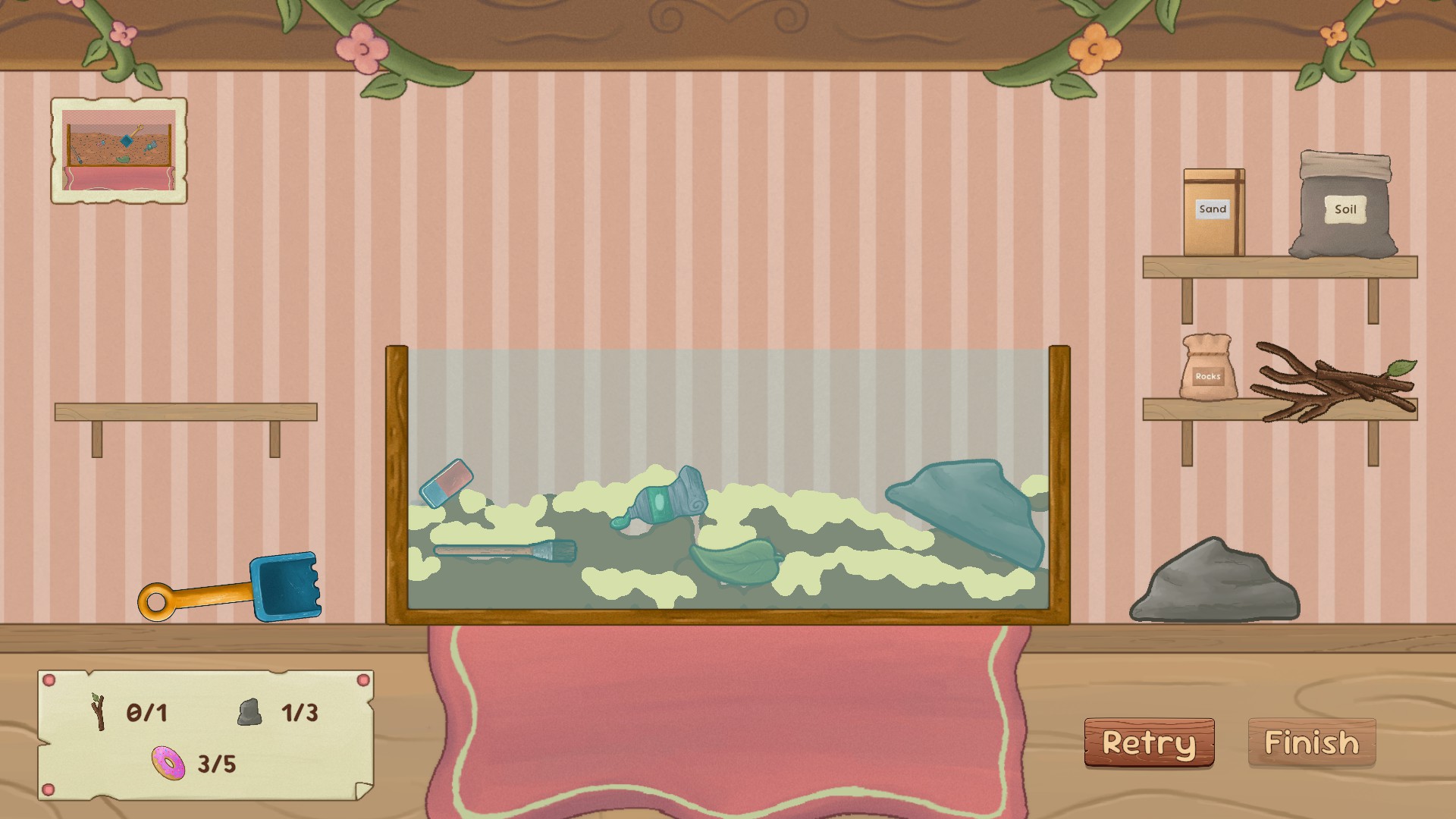 A level in Tiny Company with a terrarium being made based on the reference photo