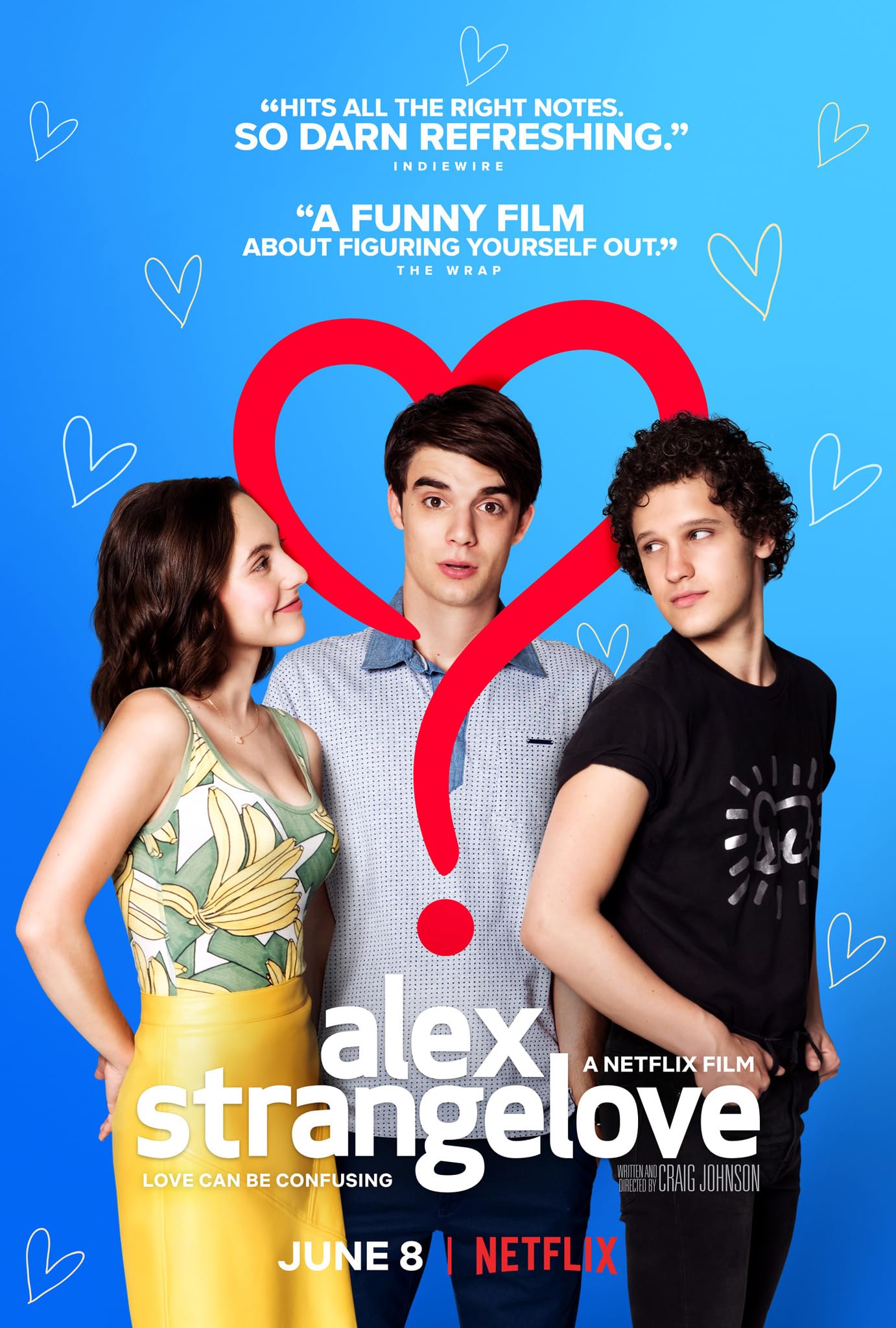 Alex Strangelove movie poster with a heart that turns into a question mark around Alex and Claire and Elliot standing next to him