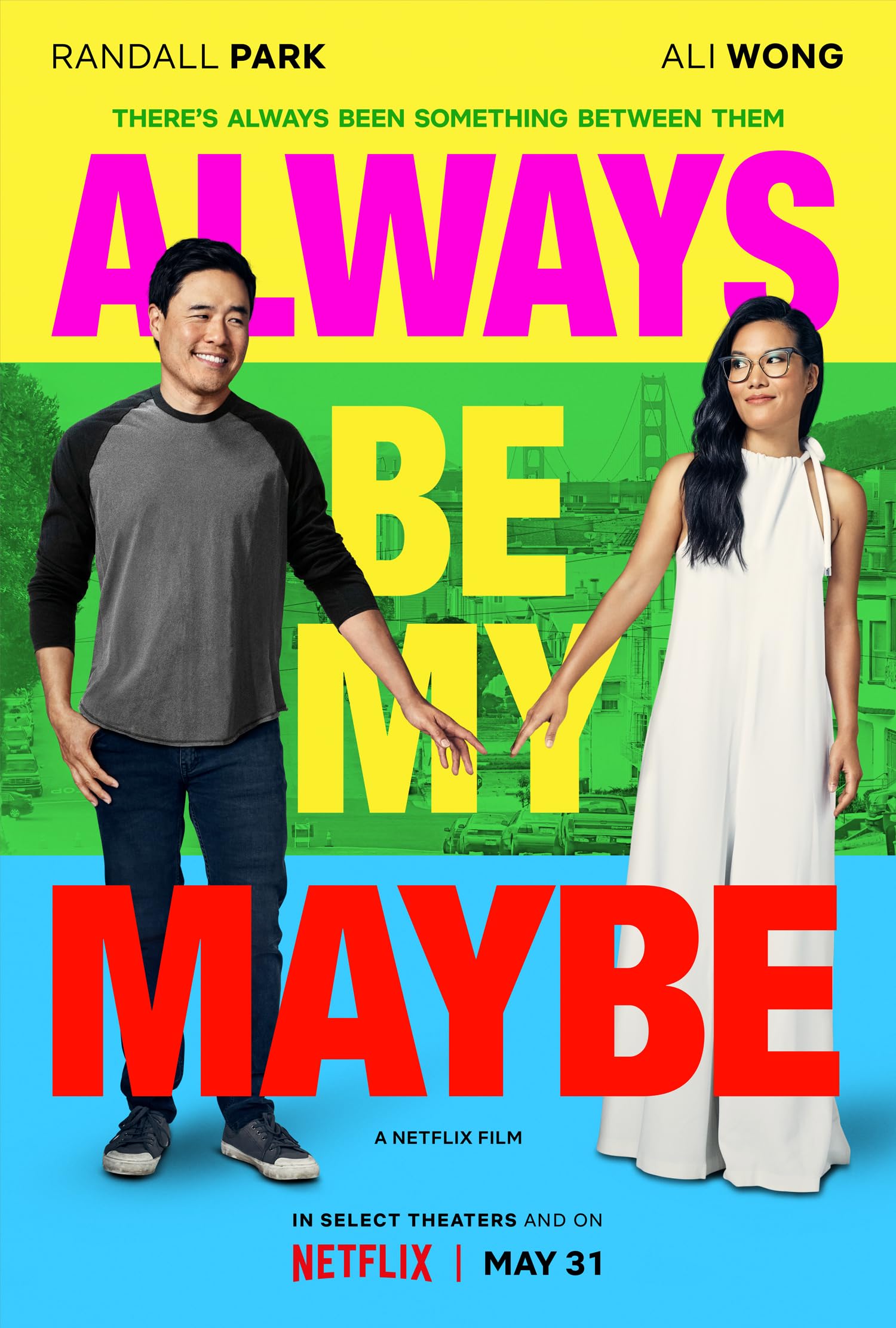 Always Be My Maybe movie poster with Marcus and Sasha reaching their hands out to each other