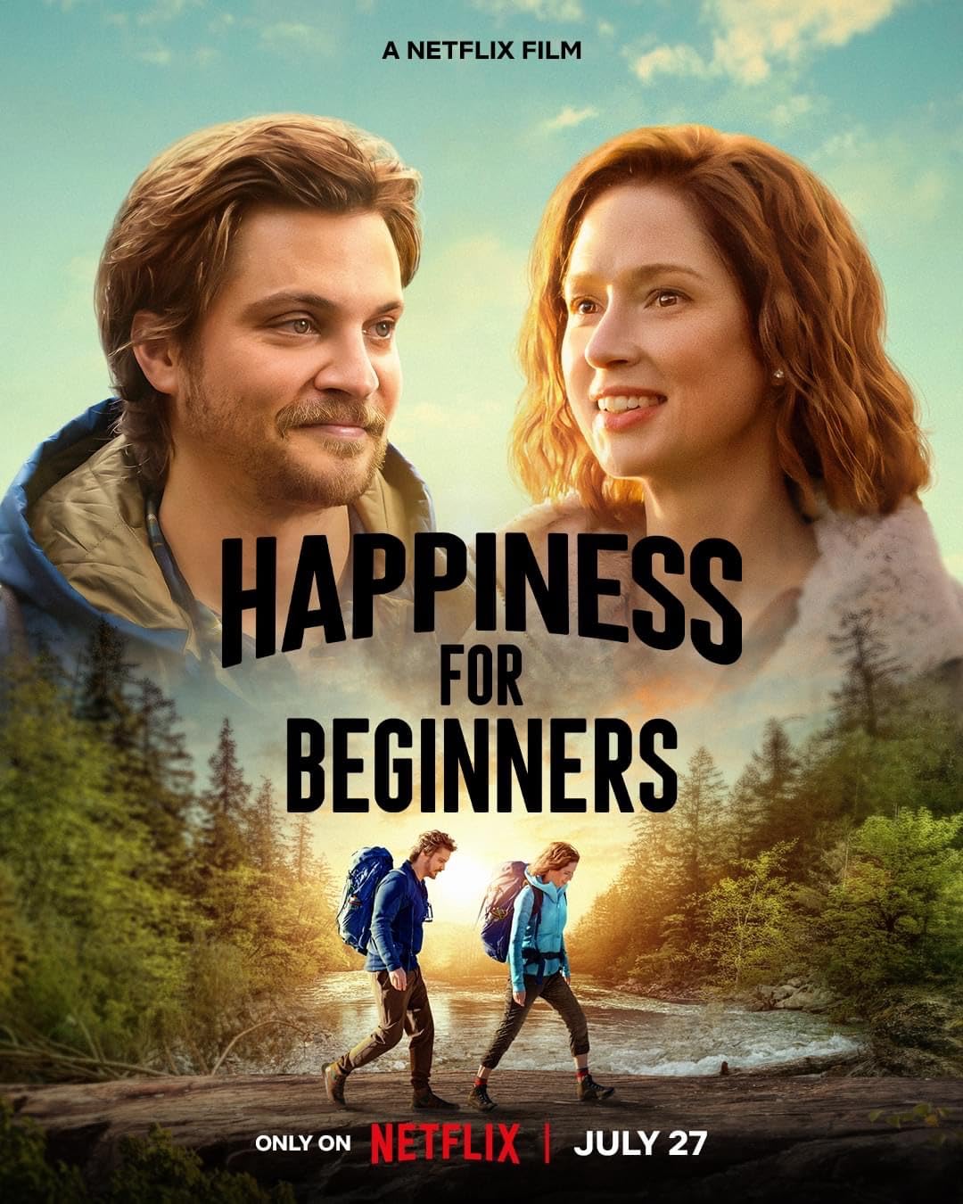 Happiness for Beginners movie poster with Jake and Helen smiling and walking in the wilderness