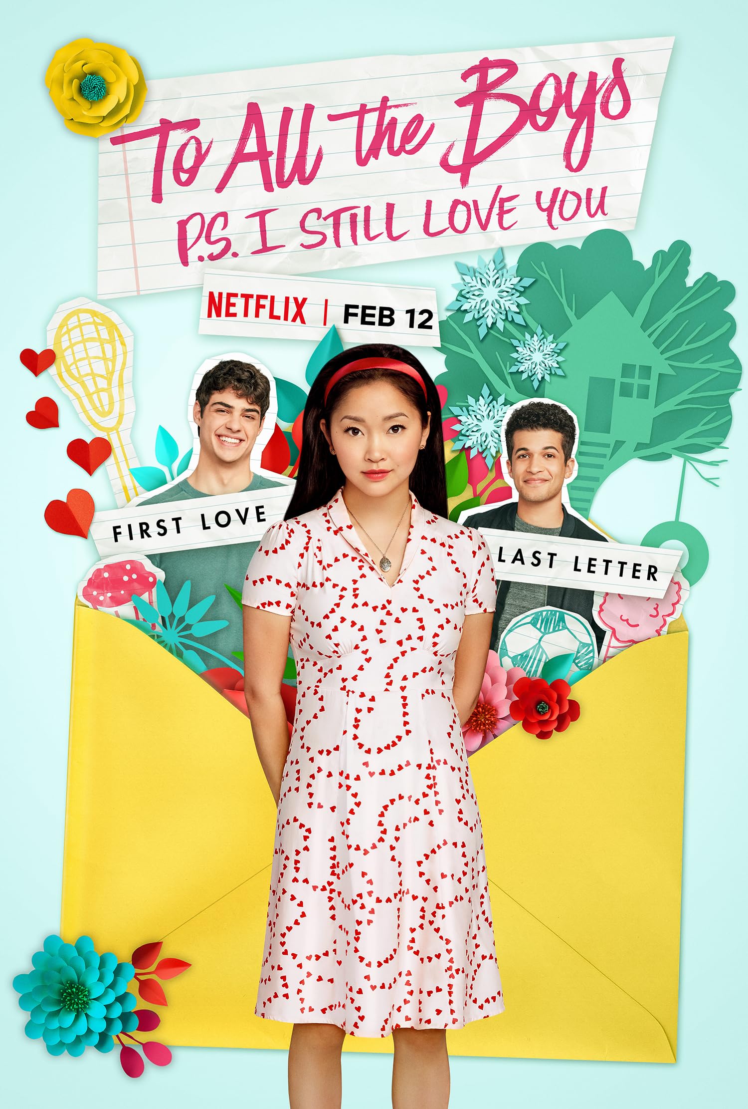 To All the Boys: P.S. I Still Love You movie poster with Lara Jean in a white and red patterned dress and Peter and John Ambrose in the background