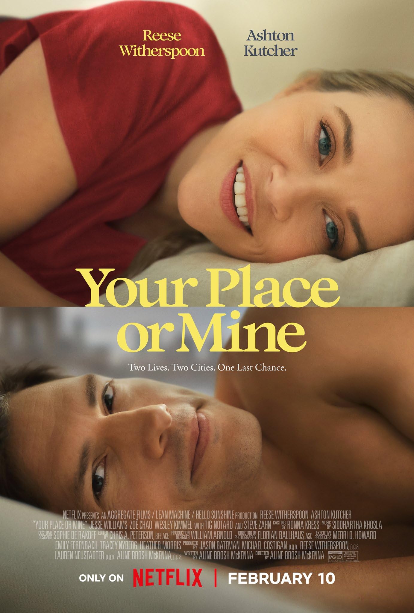 Your Place or Mine movie poster with Debbie and Peter lying down with their heads on a pillow