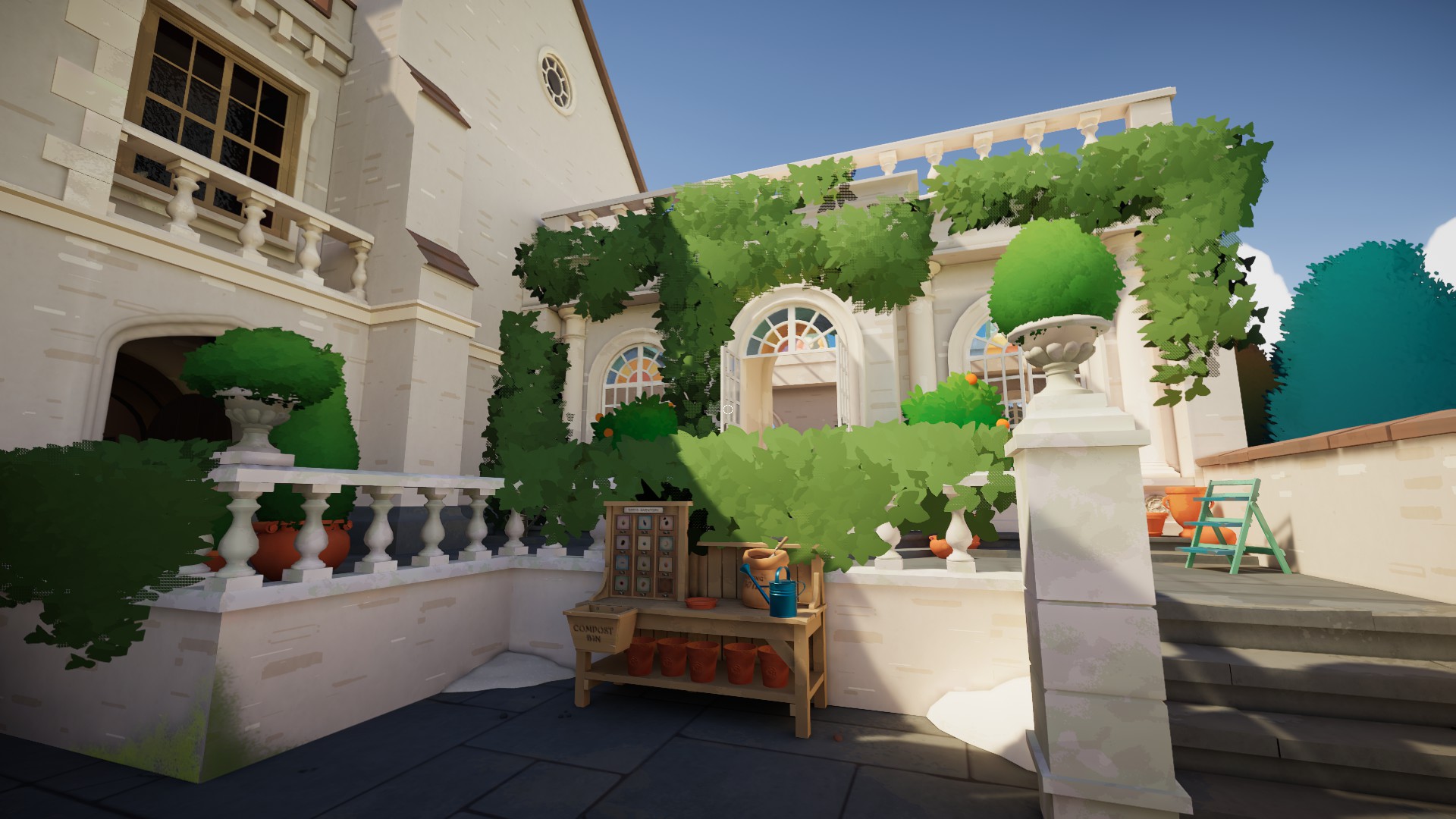 A screenshot of the exterior of the manor with a gardening table to grow the seeds